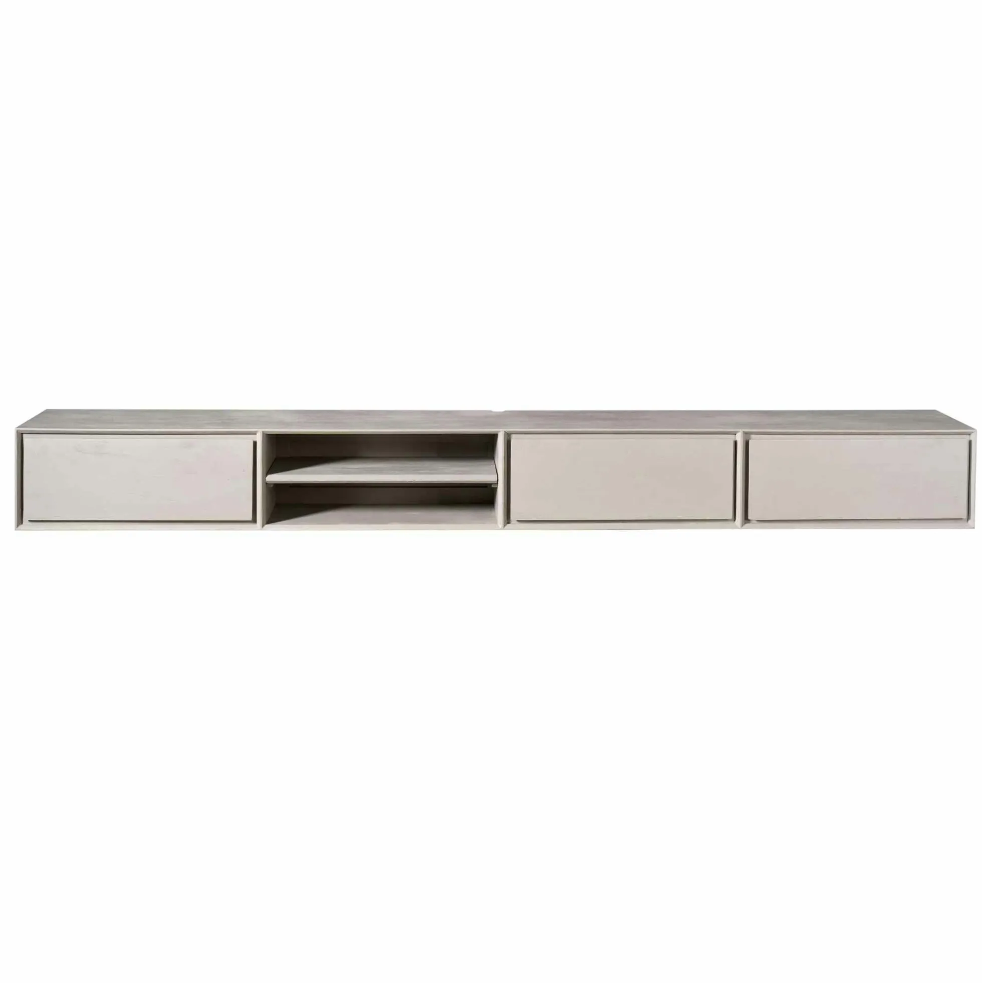 Long meuble TV suspendu bois taupe 3 tiroirs 1 niche 280 cm AERA