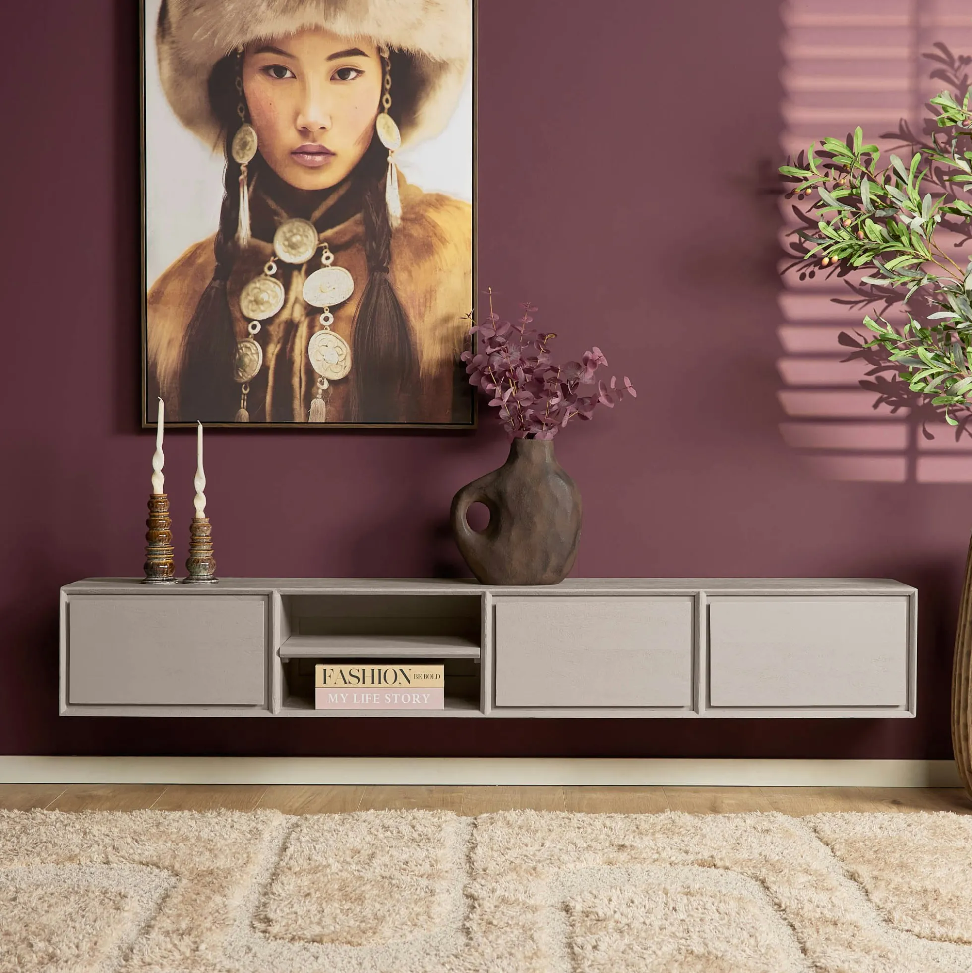 Long meuble TV suspendu bois taupe 3 tiroirs 1 niche 280 cm AERA