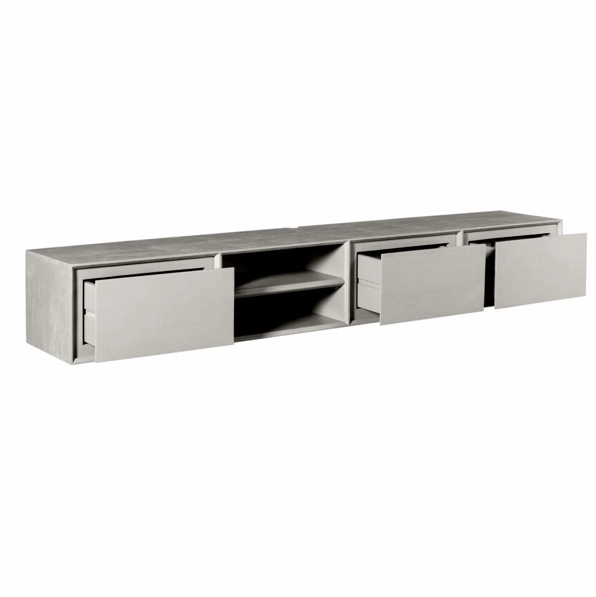 Long meuble TV suspendu bois taupe 3 tiroirs 1 niche 280 cm AERA
