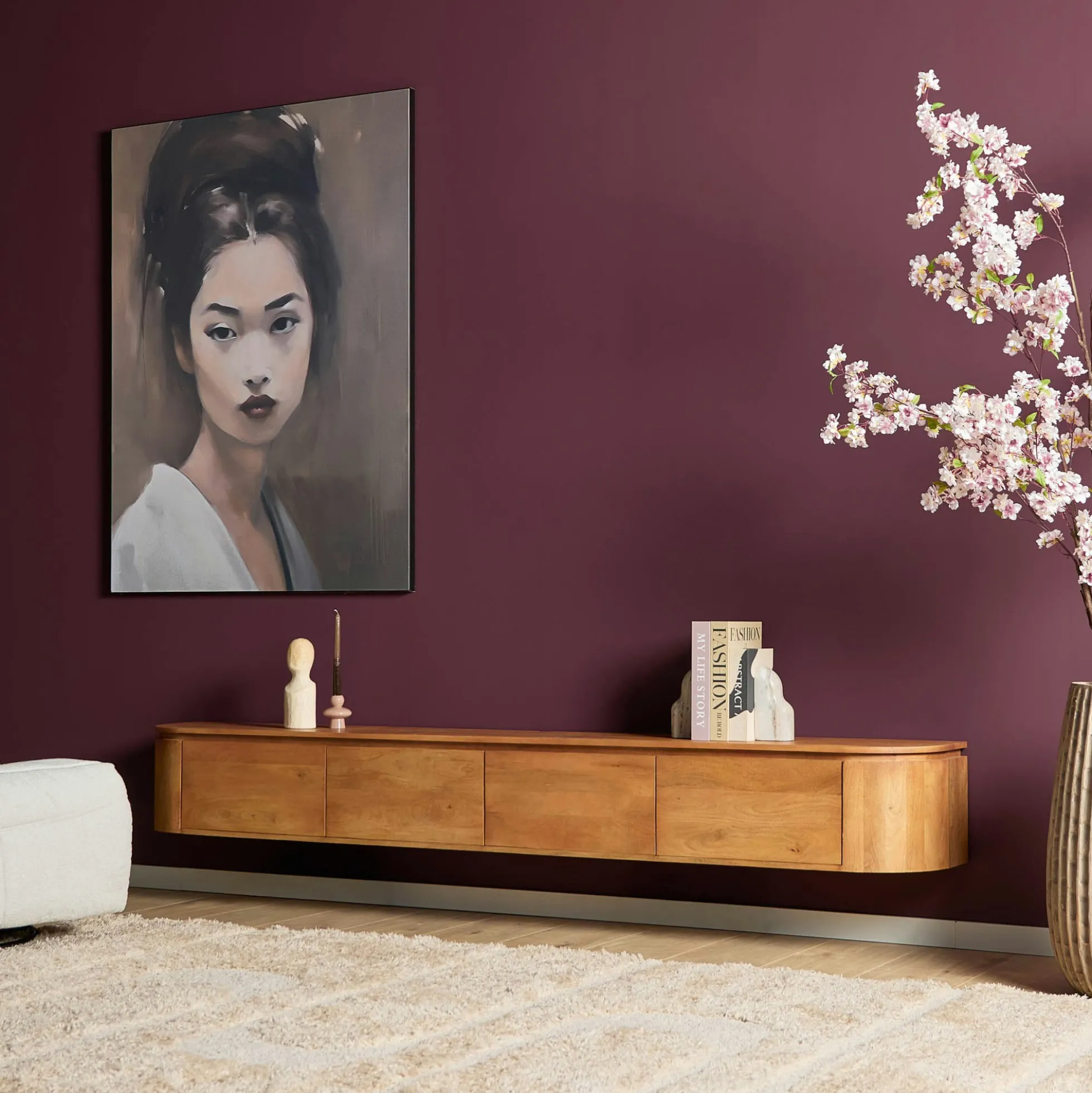 Long meuble TV suspendu en bois, bords arrondis 240 cm AREZZO