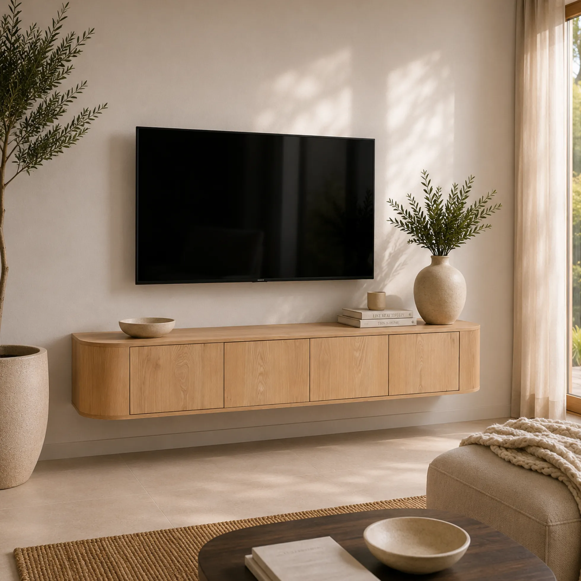 Long meuble TV suspendu en chêne clair 4 portes LOREN