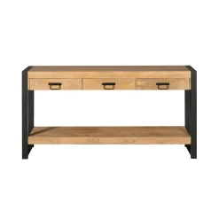 Longue console d'entrée bois clair métal noir 3 tiroirs MILORA