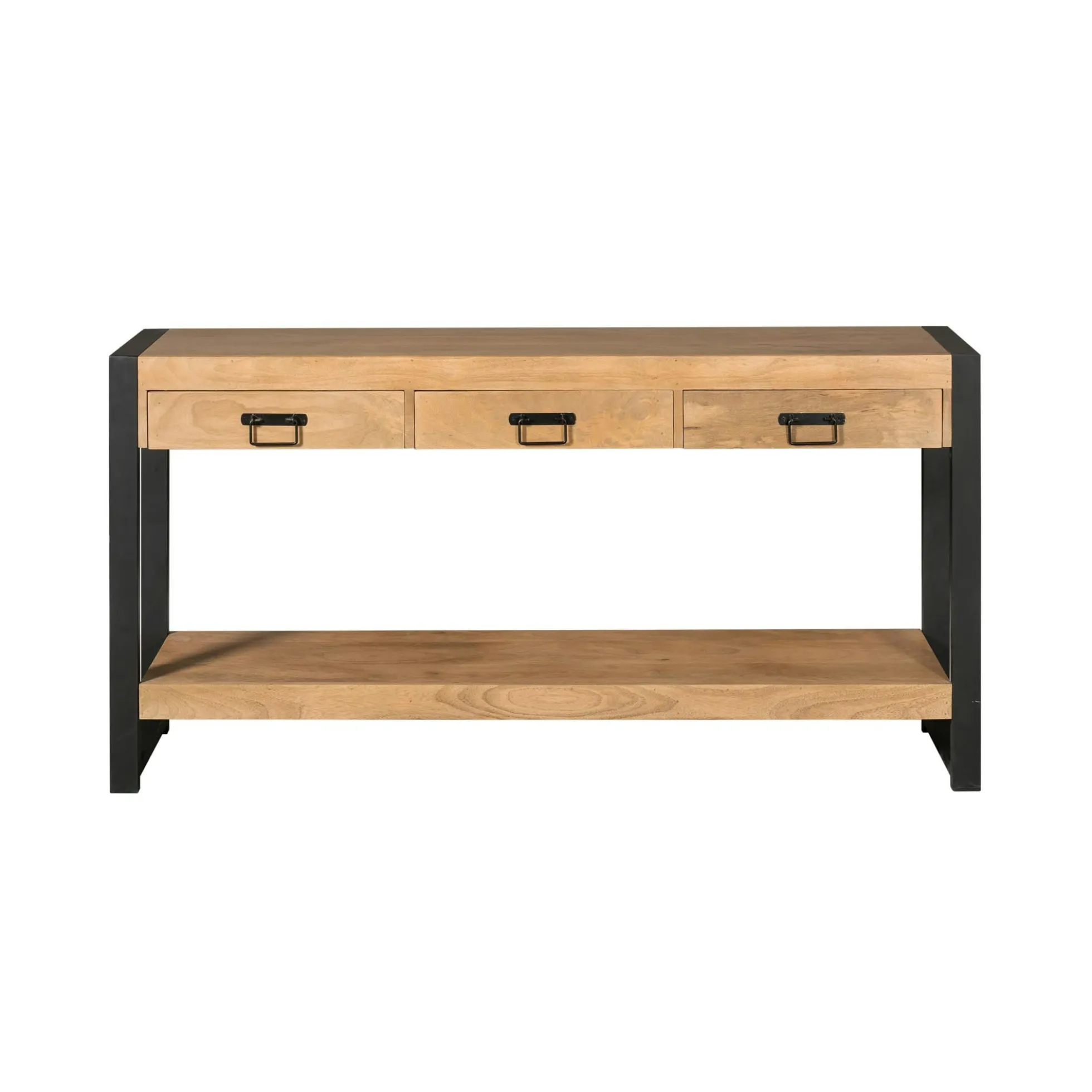 Longue console d'entrée bois clair métal noir 3 tiroirs MILORA