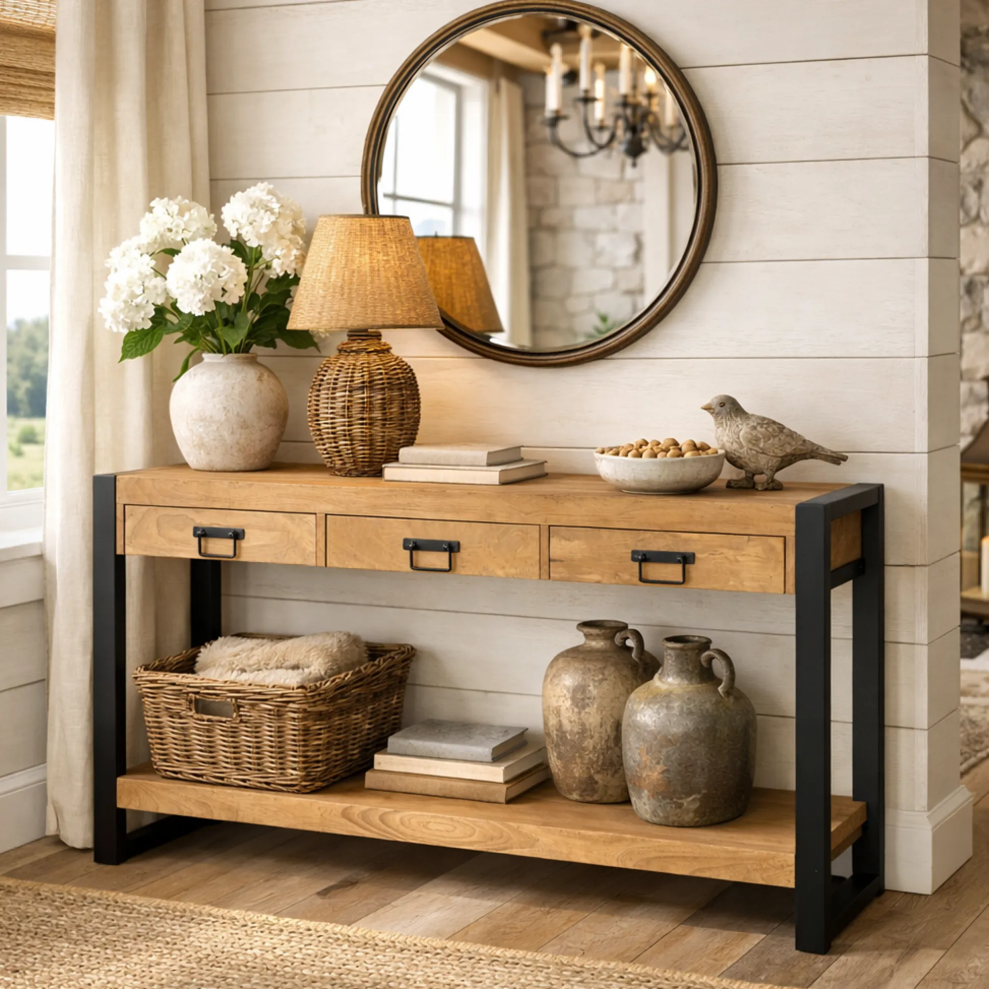 Longue console d'entrée bois clair métal noir 3 tiroirs MILORA