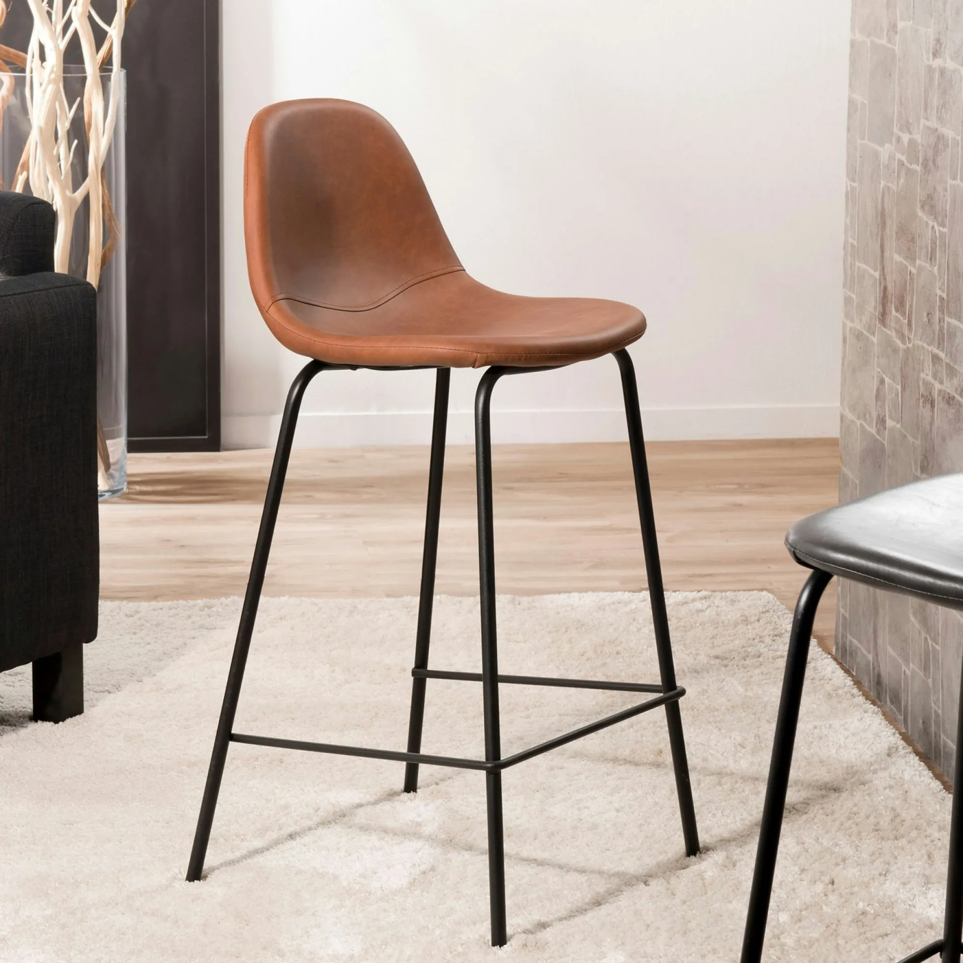 Lot de 2 Chaises de Bar effet couture apparente en métal et tissu marron 41x45x87cm TIM