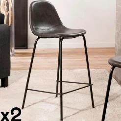 Lot de 2 Chaises de Bar effet couture apparente en métal et tissu noir 41x45x87cm TIM