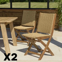 Lot de 2 chaises pliantes acacia huilé et rotin synthétique OSTIA