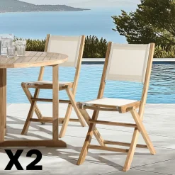 Lot de 2 chaises pliantes teck et textilène couleur beige ALERIA