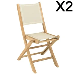 Lot de 2 chaises pliantes teck et textilène couleur beige ALERIA