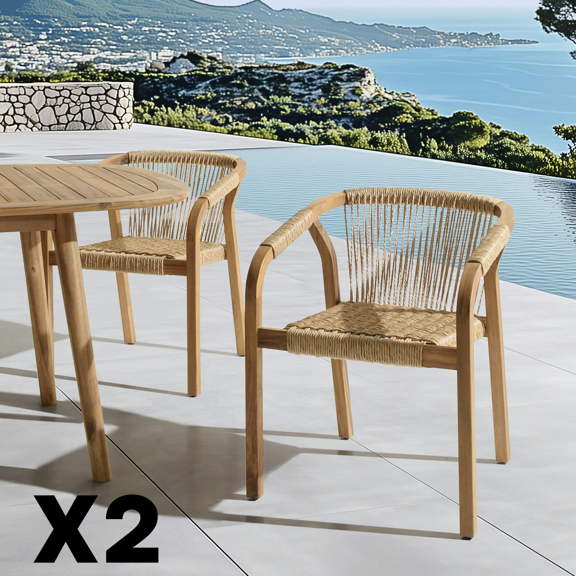 Lot de 2 fauteuils en acacia huilé et cordage synthétique OSTIA