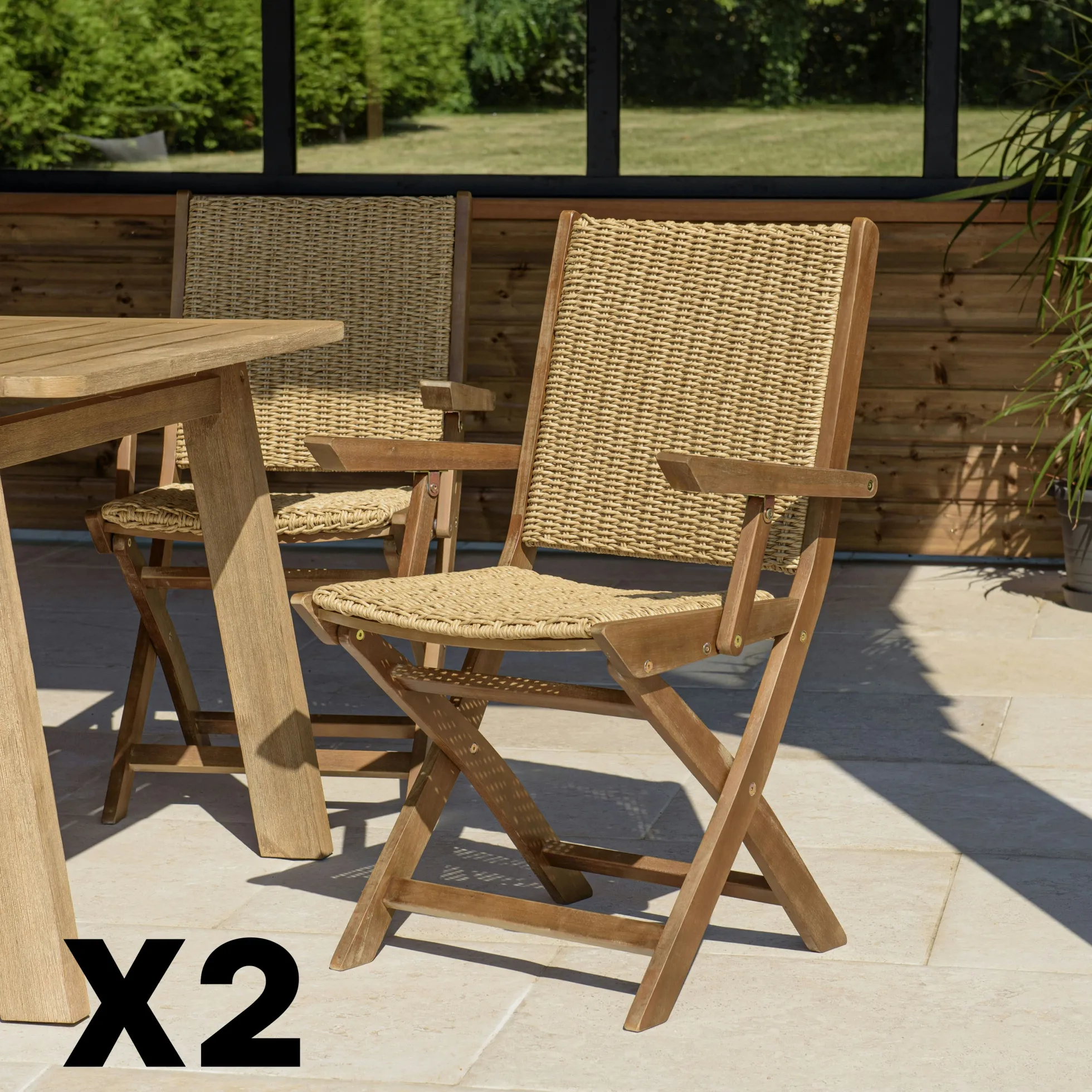 Lot de 2 fauteuils pliants acacia huilé et rotin synthétique OSTIA