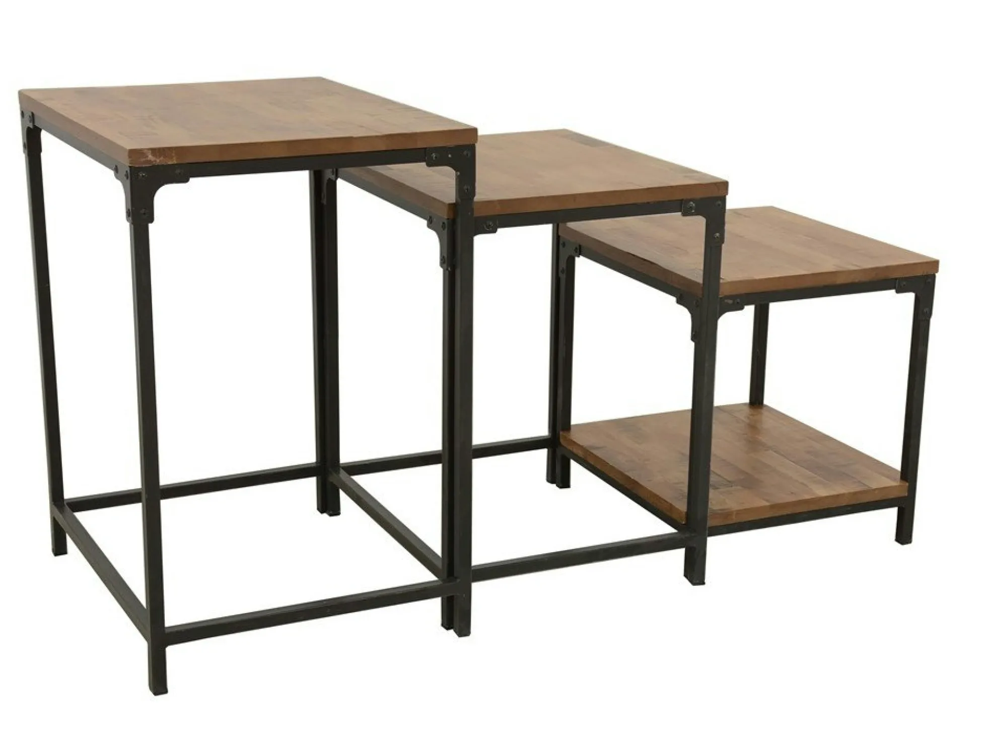 Lot de 3 Tables Gigognes / Sellettes en Hévéa recyclé naturel et métal 55x45x70cm LOFT