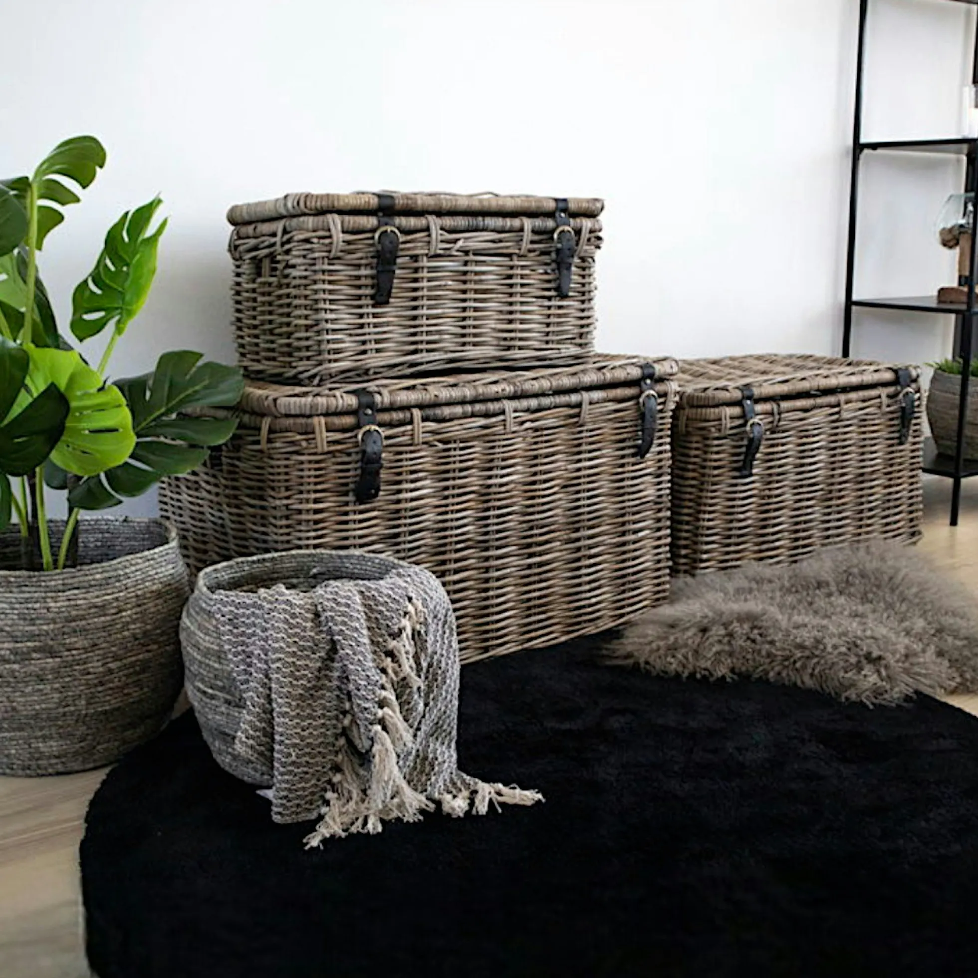 Malle de rangement en rotin avec attaches (lot de 3) MANY