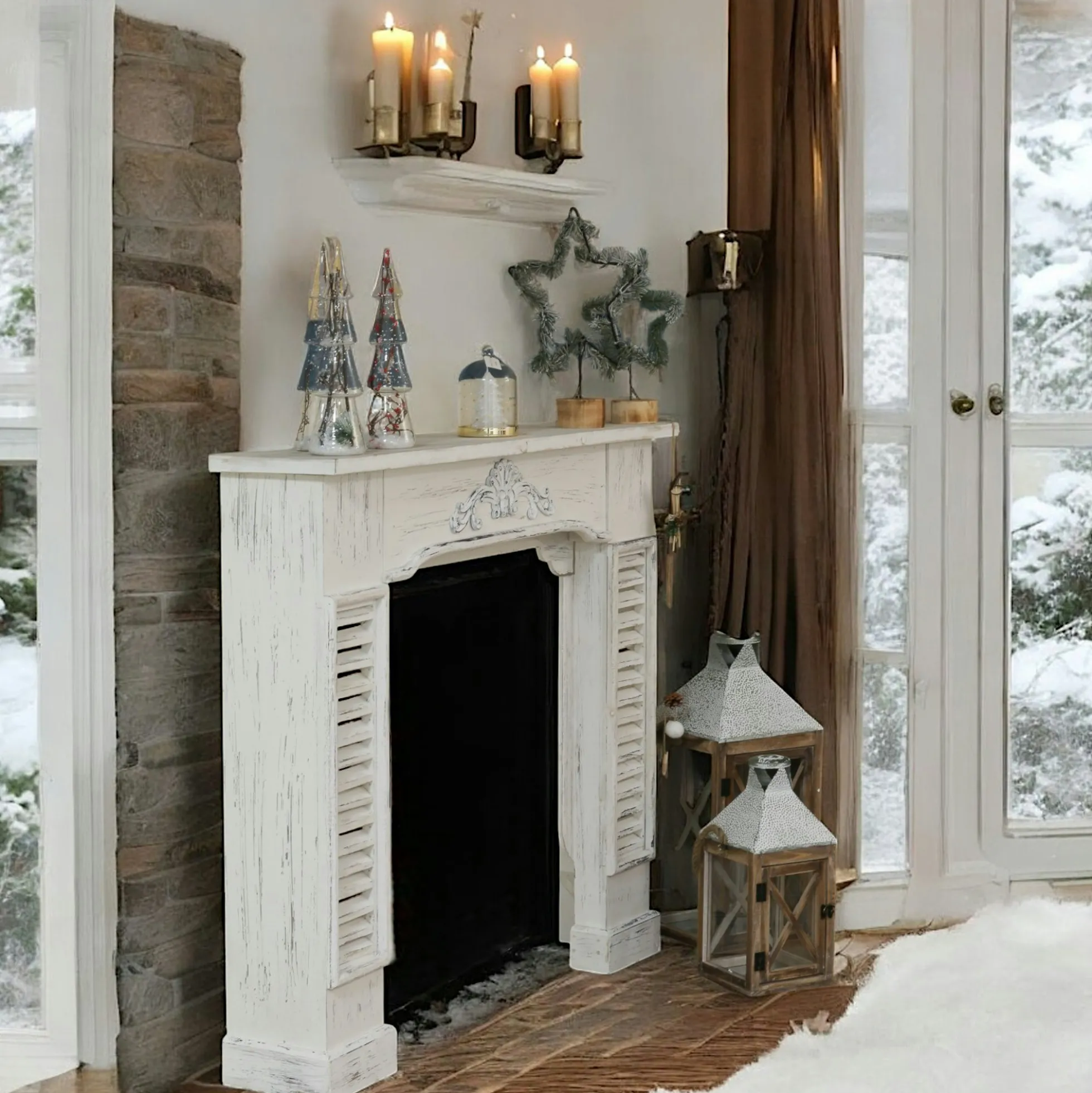Manteau de cheminée en bois blanc aspect vieilli