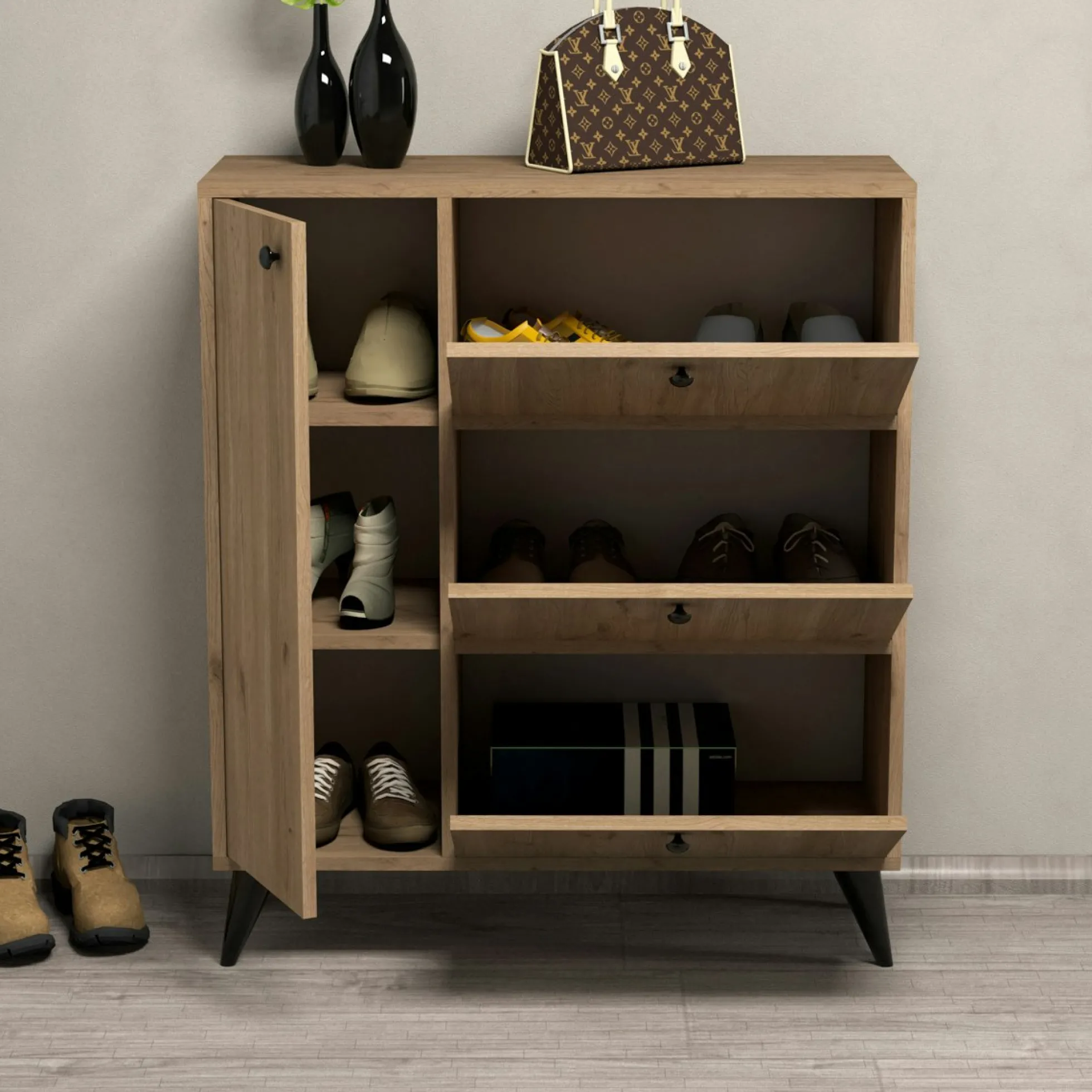 Meuble à chaussures décor bois 4 portes pieds obliques UMEA
