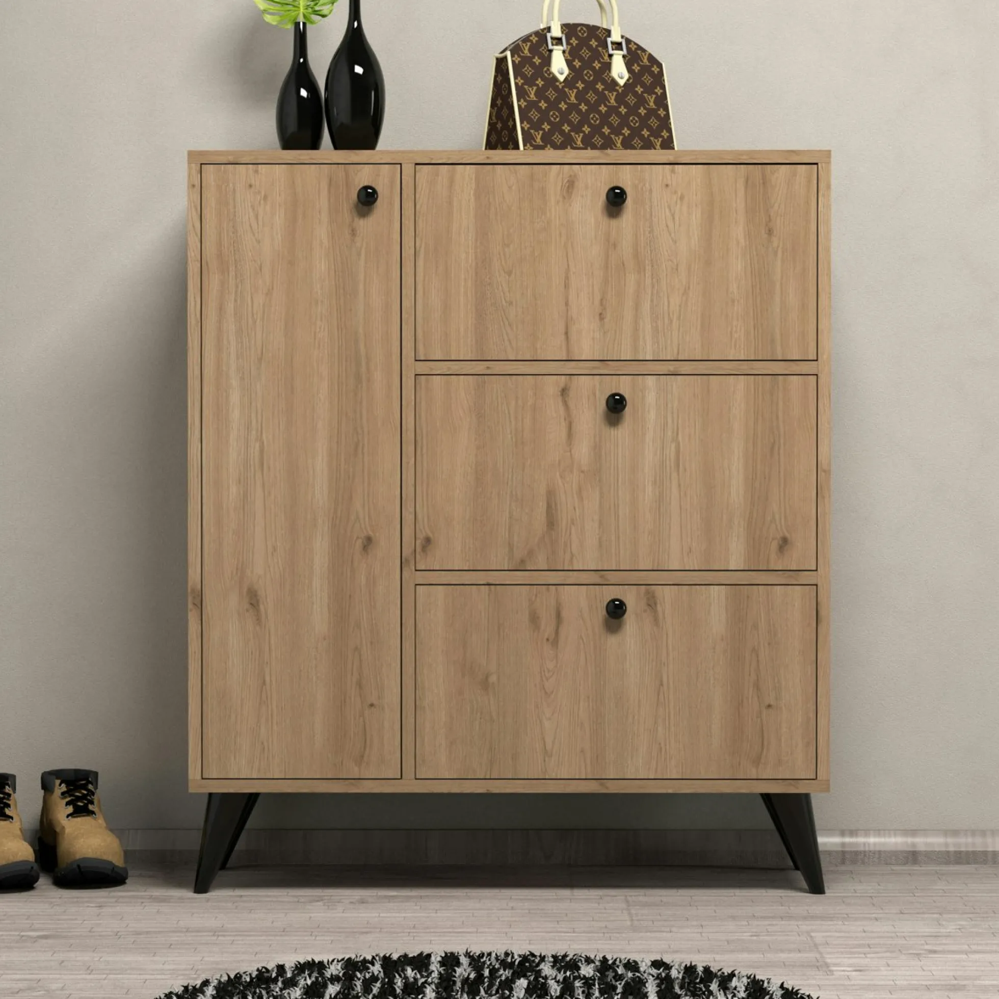 Meuble à chaussures décor bois 4 portes pieds obliques UMEA