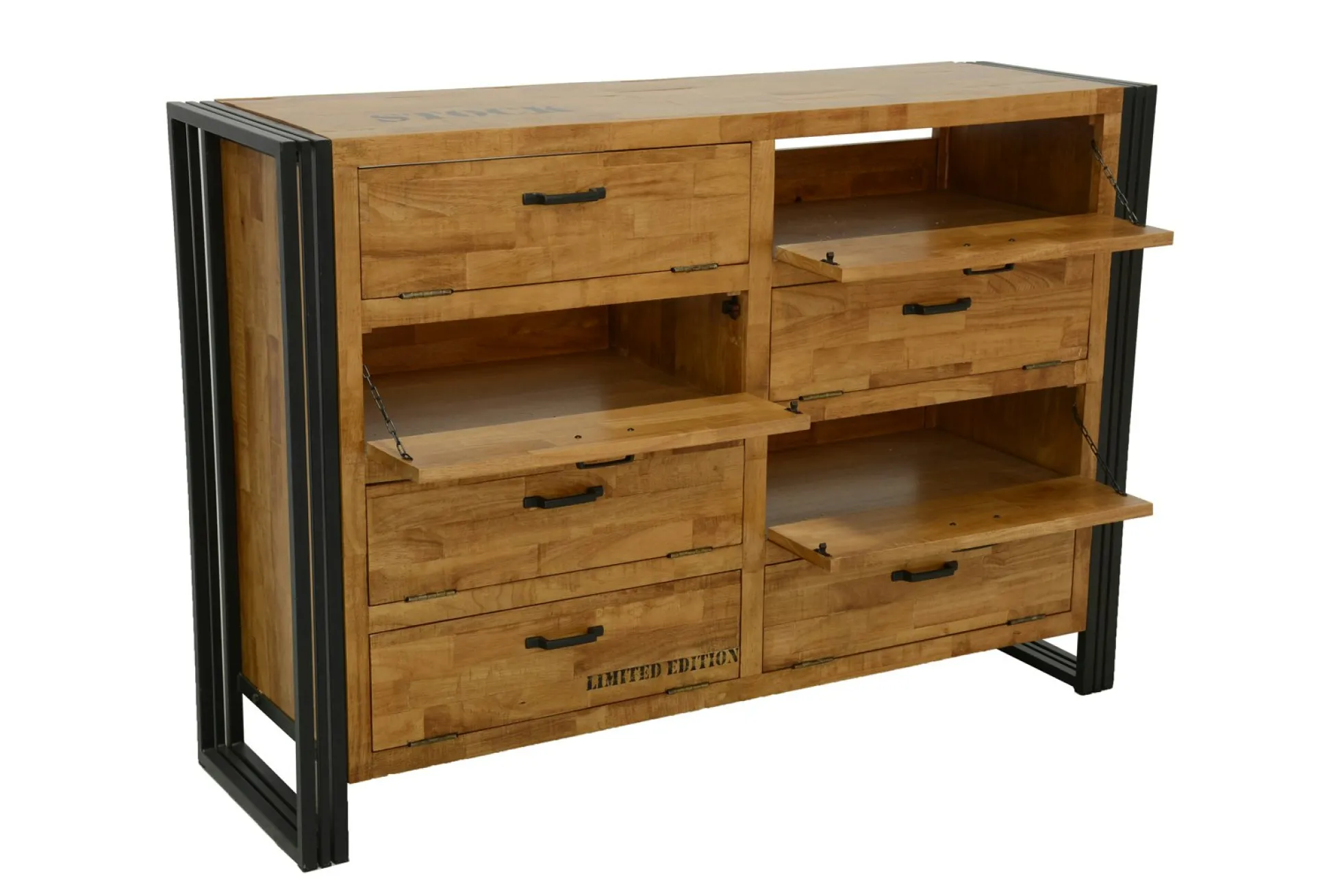 Meuble à chaussures hévéa recyclé naturel et métal noirci 8 tiroirs 132X40X91cm DOCKER