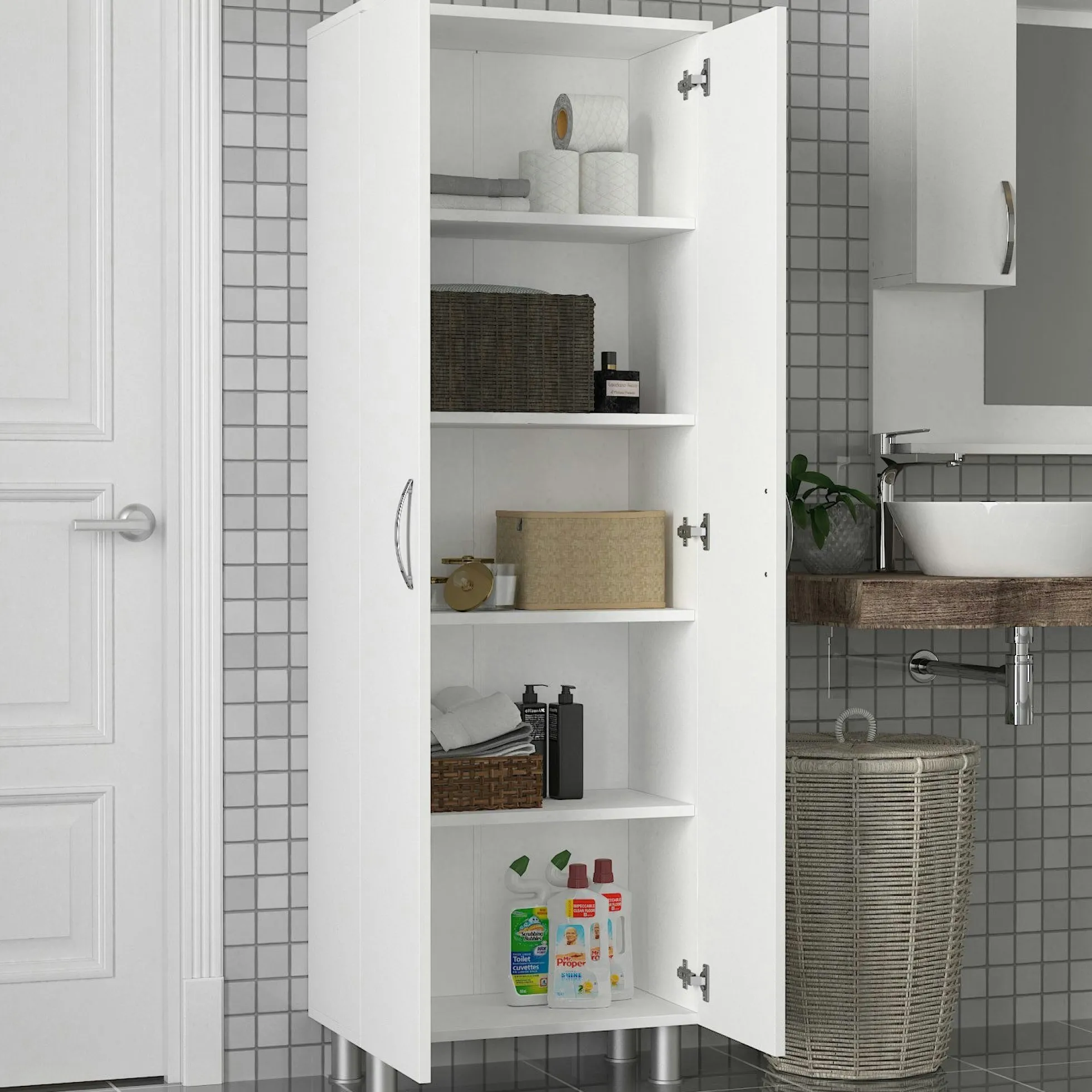 Meuble colonne salle de bains blanc 2 portes H 173, 6 cm JENA
