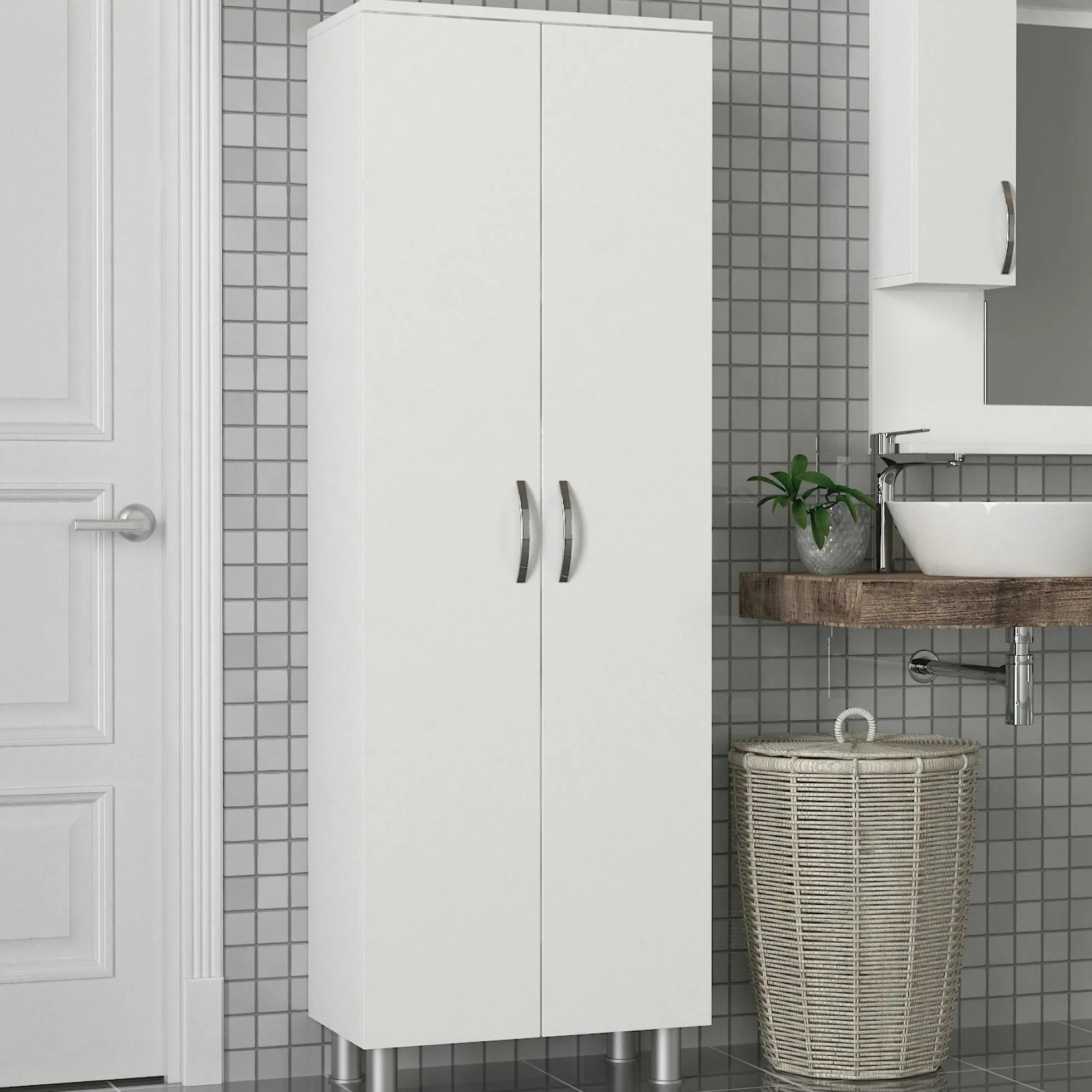 Meuble colonne salle de bains blanc 2 portes H 173, 6 cm JENA