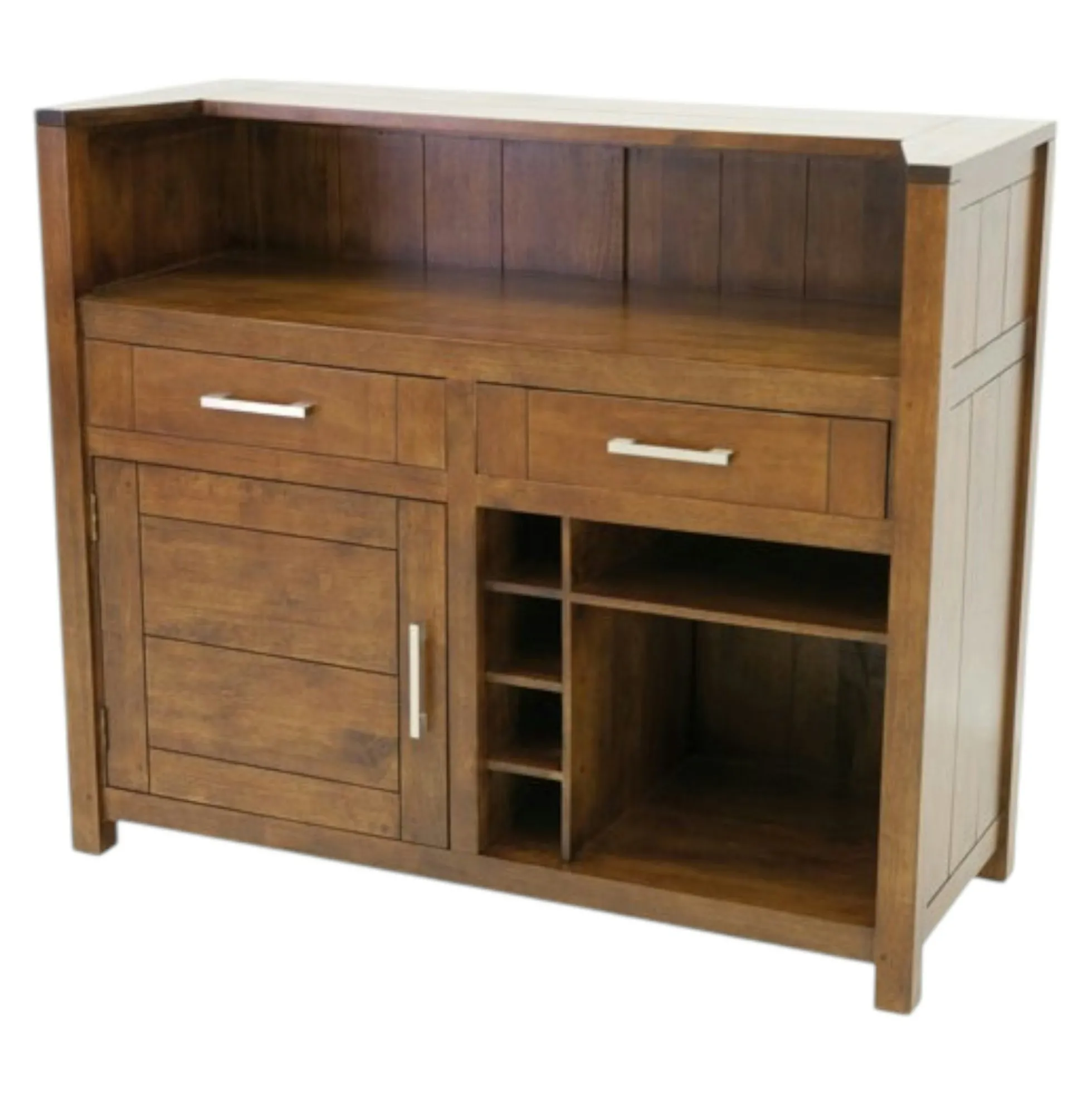 Meuble de Bar Hévéa 1 porte, 2 tiroirs, 4 racks, 2 niches 124x50x105cm ATTAN