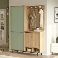 Meuble d'entrée avec rangement - vert sauge et effet chêne JENA