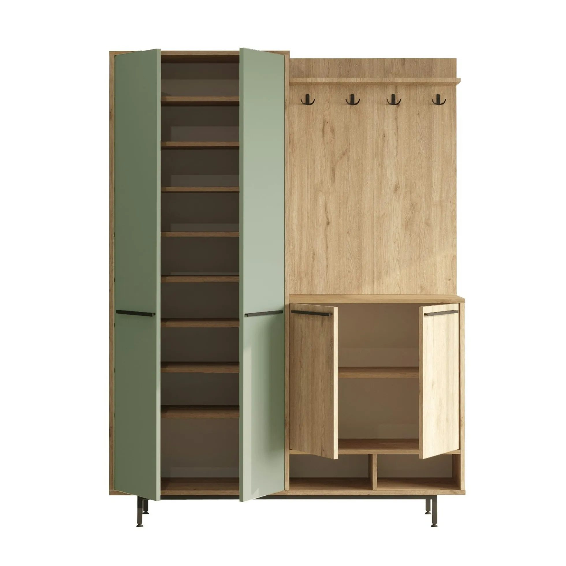 Meuble d'entrée avec rangement - vert sauge et effet chêne JENA