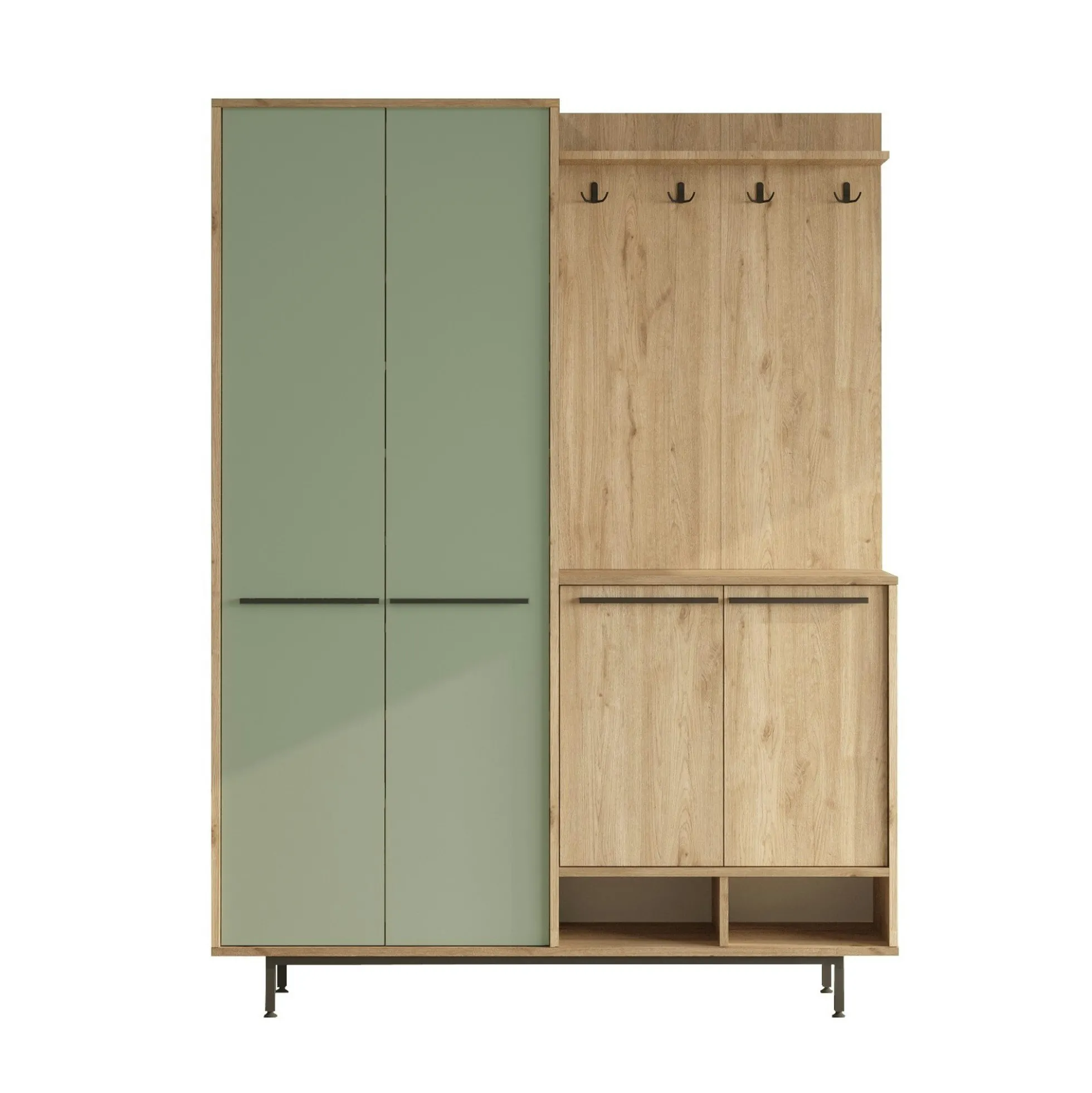 Meuble d'entrée avec rangement - vert sauge et effet chêne JENA