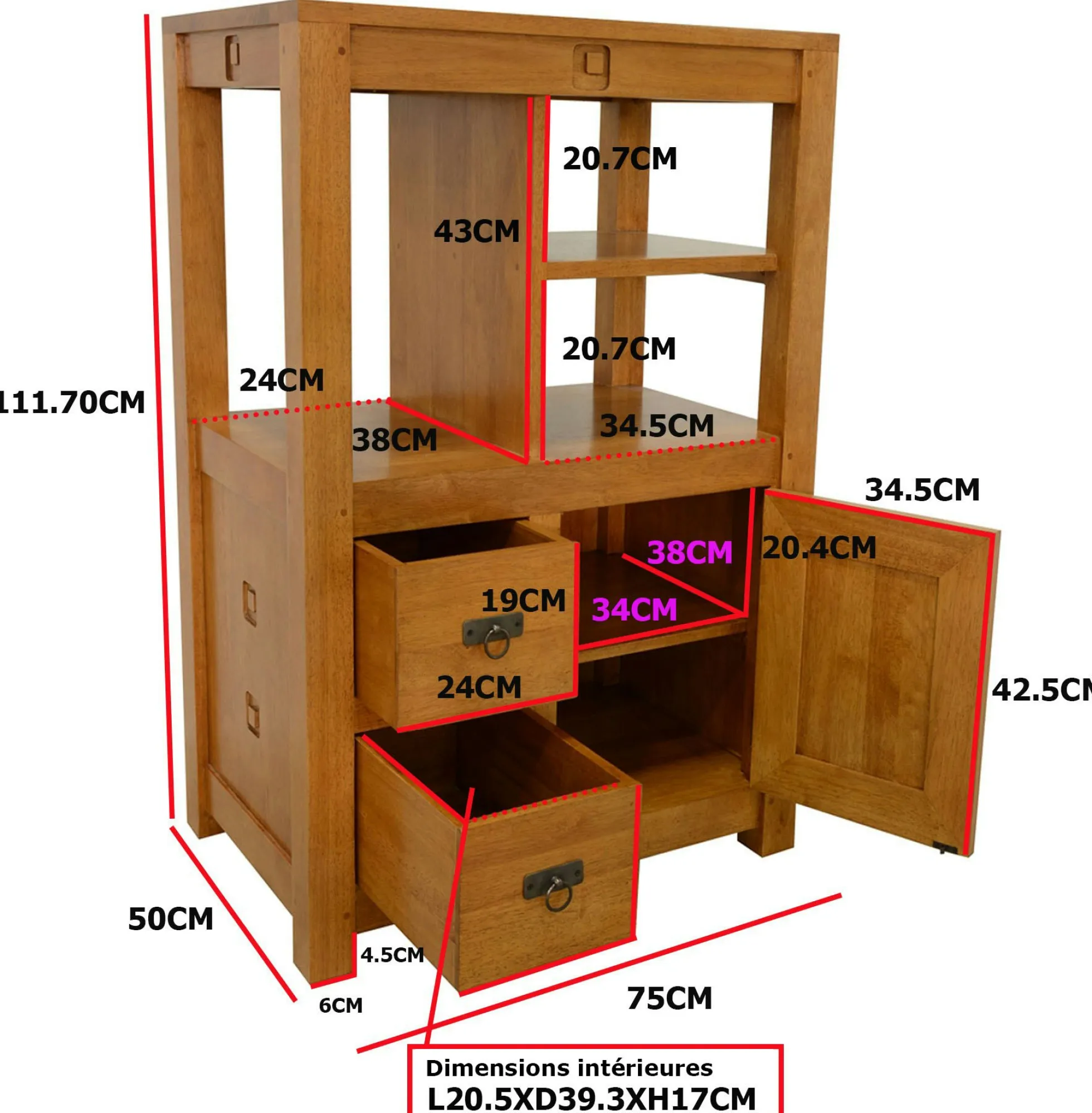 Meuble de rangement / Bibliothèque en hévéa 75 x 112cm TESSA