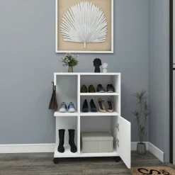 Meuble de rangement blanc sur roulettes, 2 patères MARFA