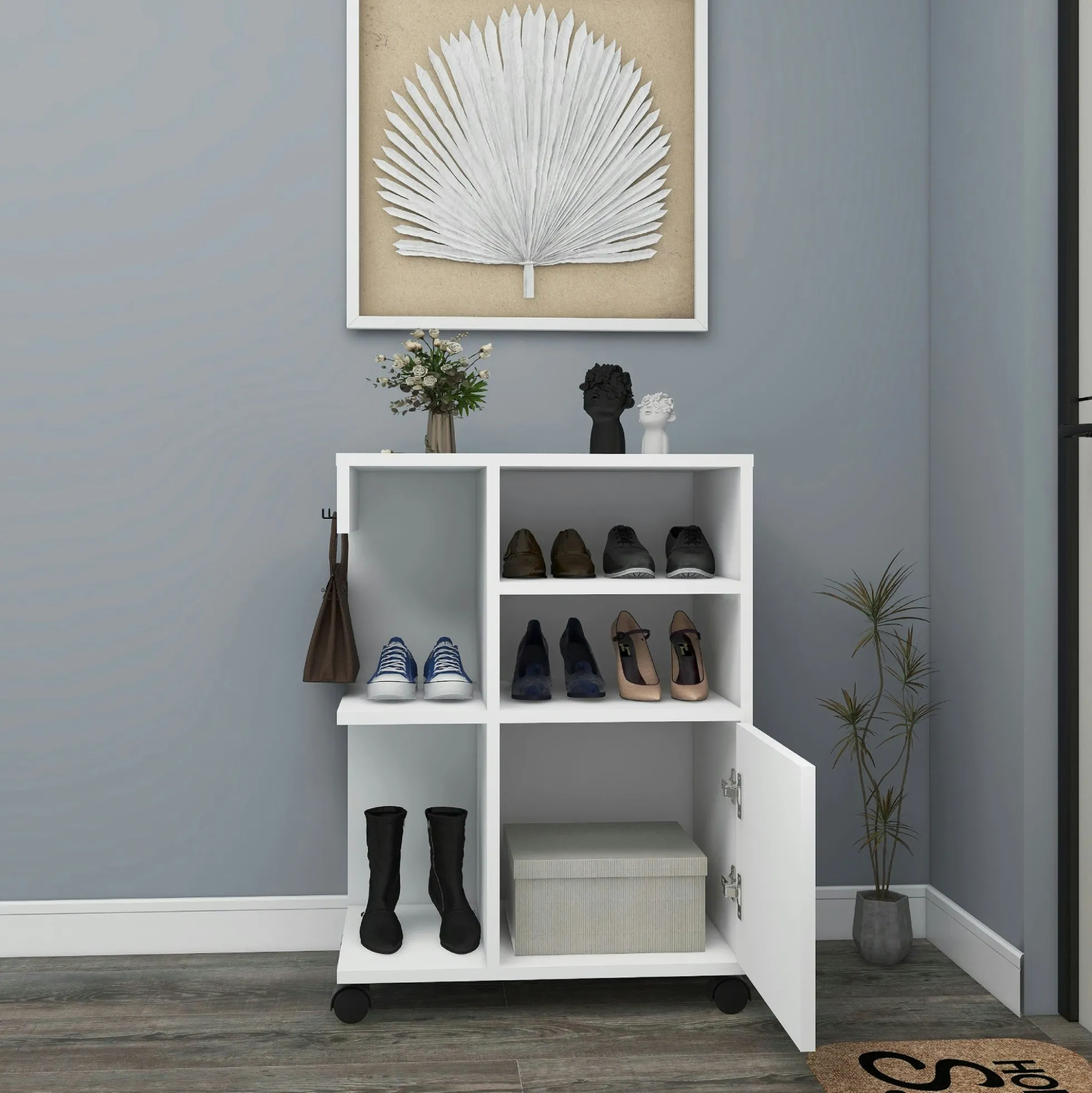 Meuble de rangement blanc sur roulettes, 2 patères MARFA