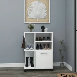 Meuble de rangement blanc sur roulettes, 2 patères MARFA