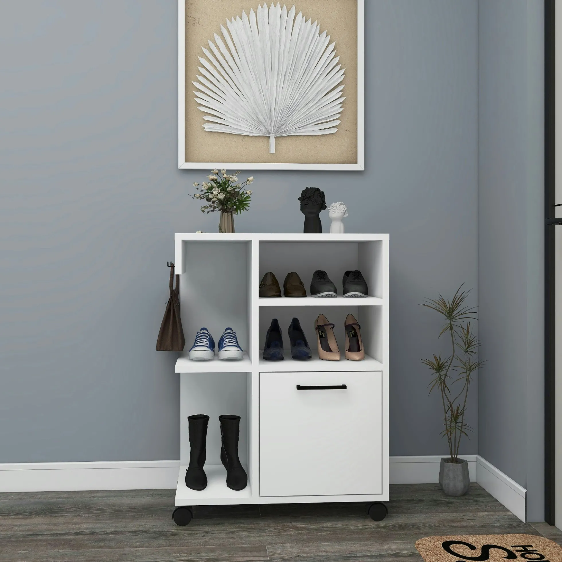 Meuble de rangement blanc sur roulettes, 2 patères MARFA