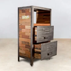 Meuble de rangement bois recyclé 1 niche et 2 tiroirs métal 60x40x110cm CARAVELLE