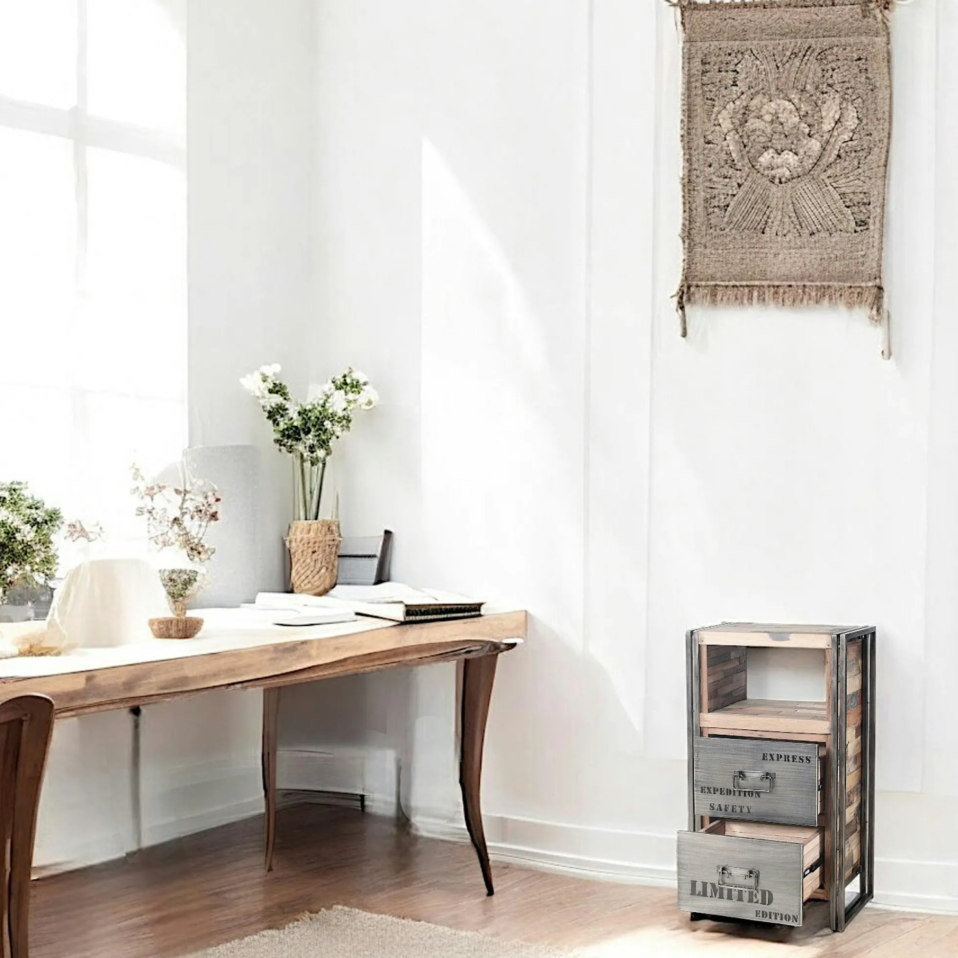 Meuble de rangement bois recyclé 2 tiroirs 60x107 CARAVELLE