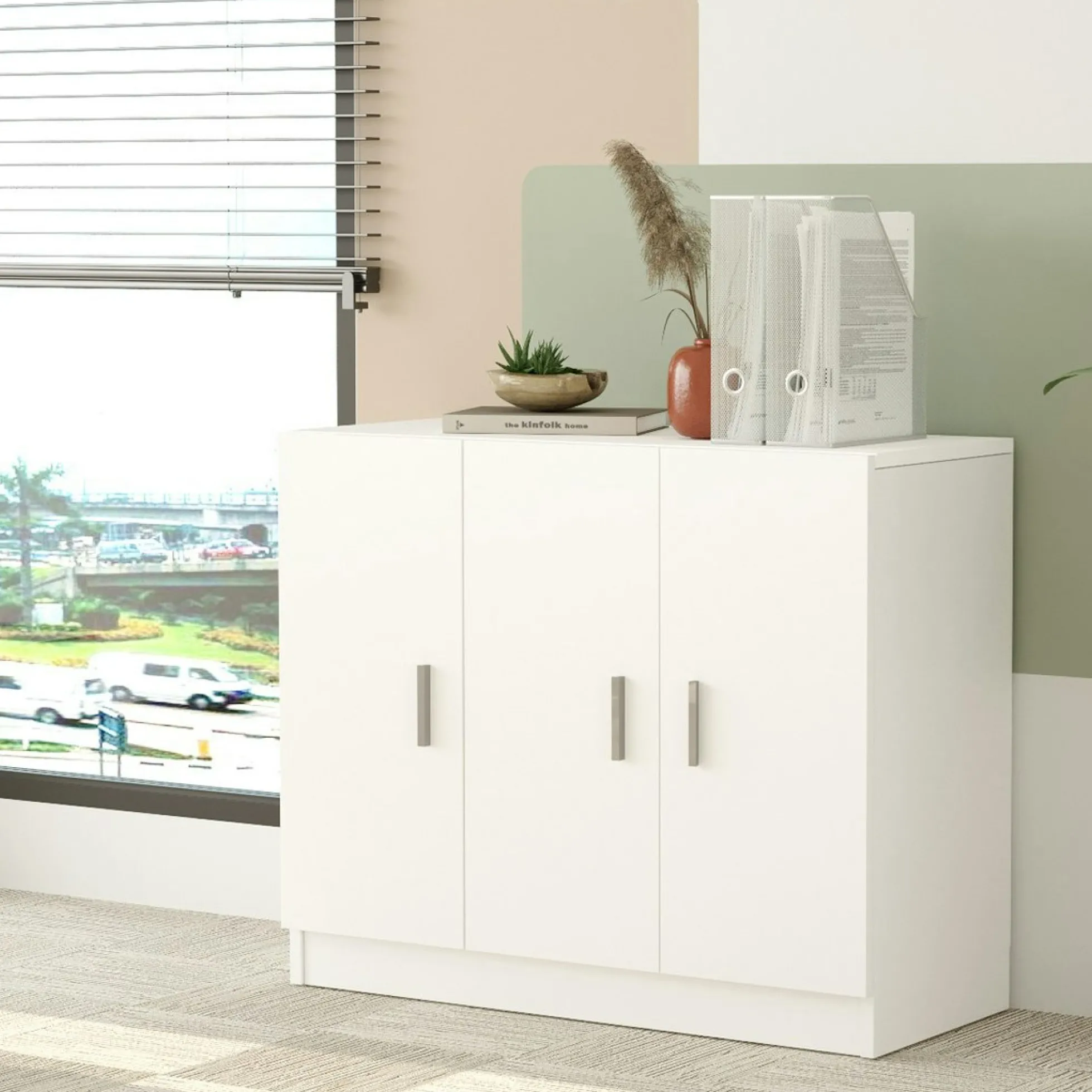 Meuble de rangement bureau blanc 3 portes avec étagères MARFA