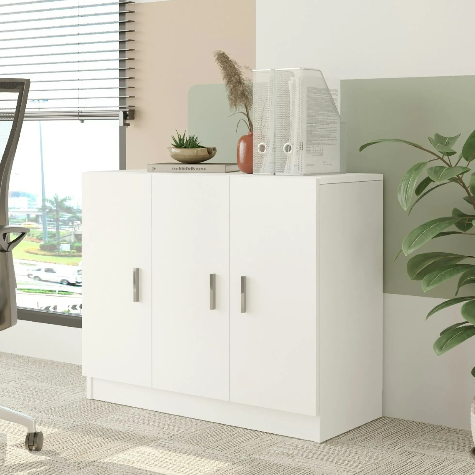 Meuble de rangement bureau blanc 3 portes avec étagères MARFA