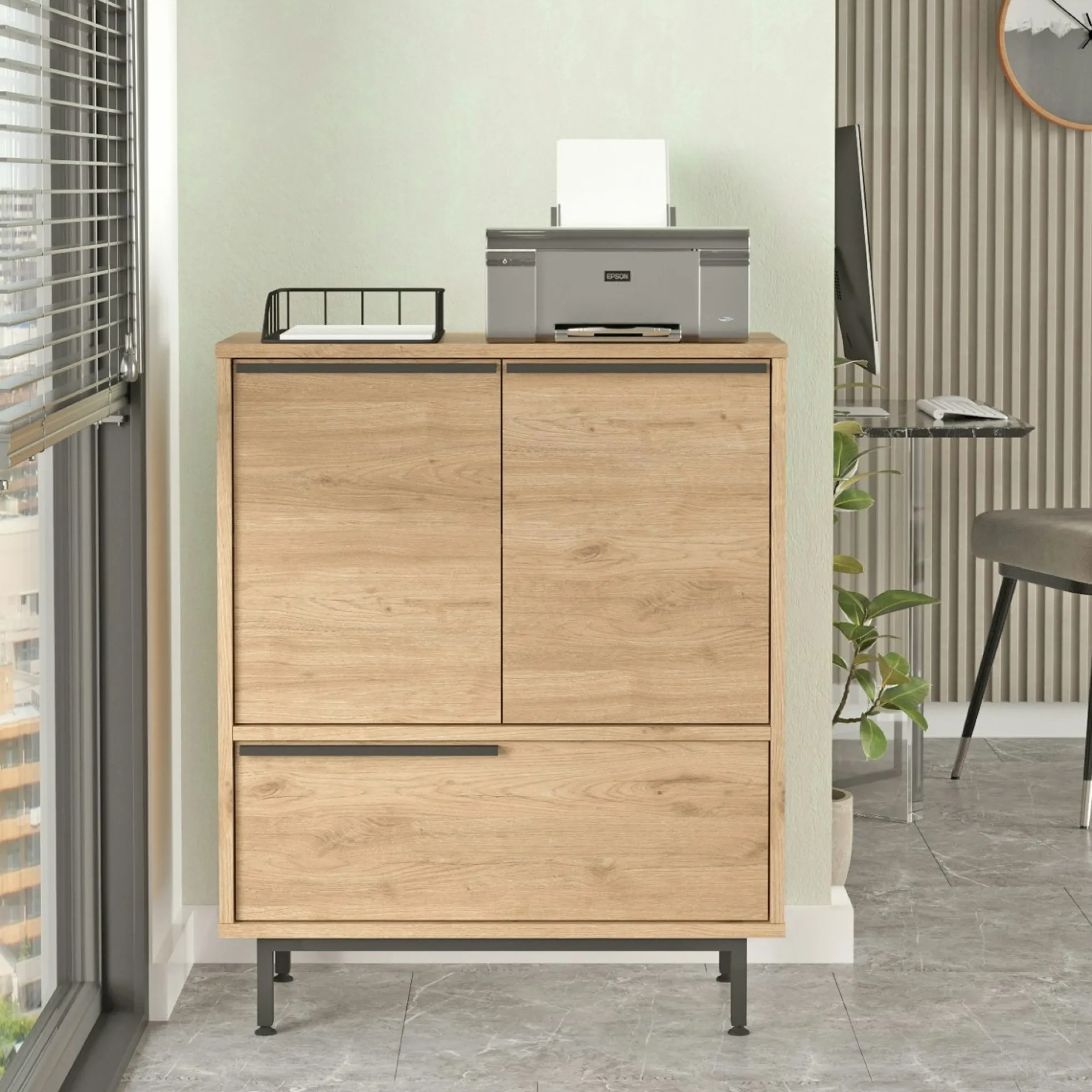 Meuble de rangement bureau 3 portes décor bois JENA