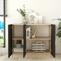 Meuble de rangement bureau 3 portes décor bois et noir MARFA