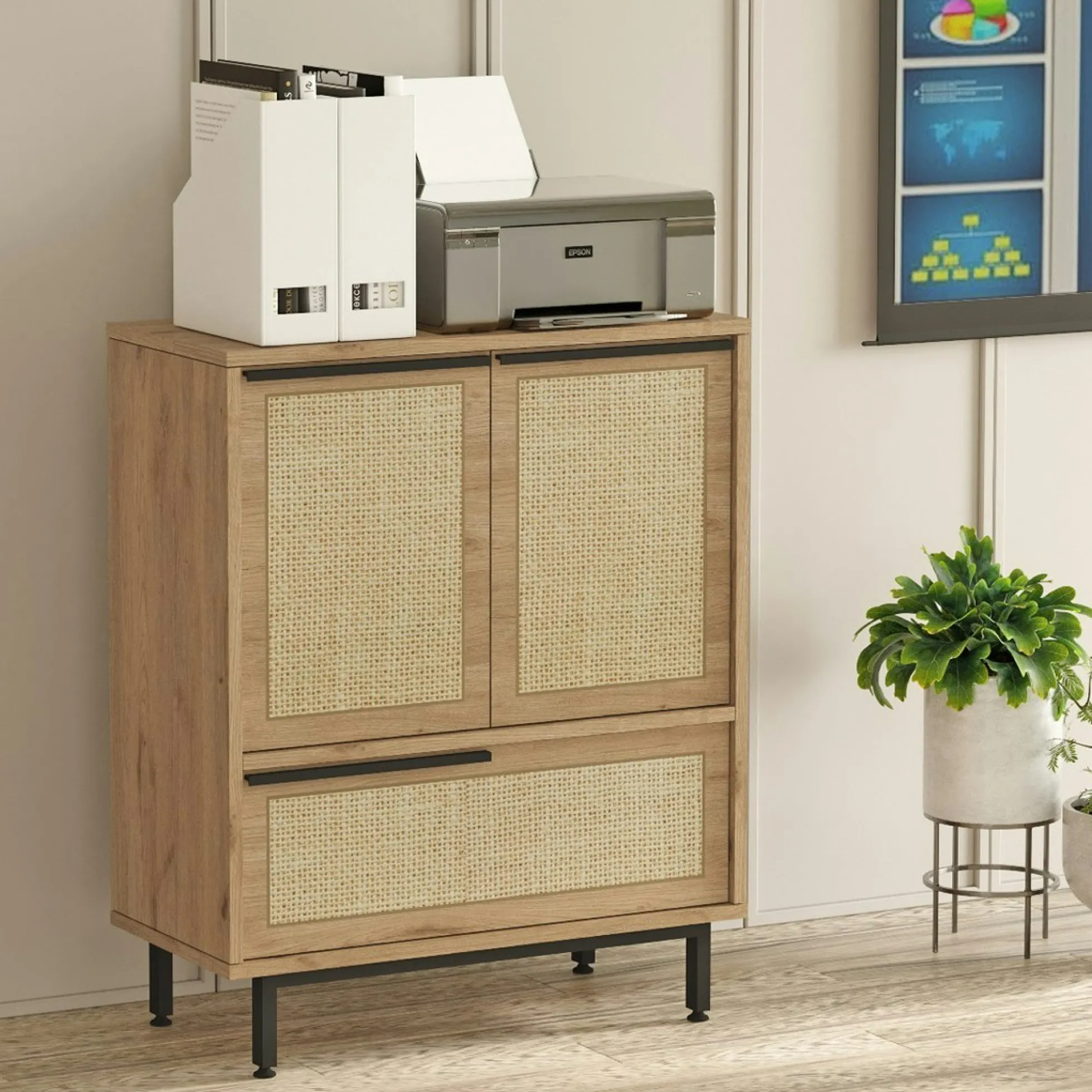 Meuble de rangement bureau 3 portes décor cannage JENA
