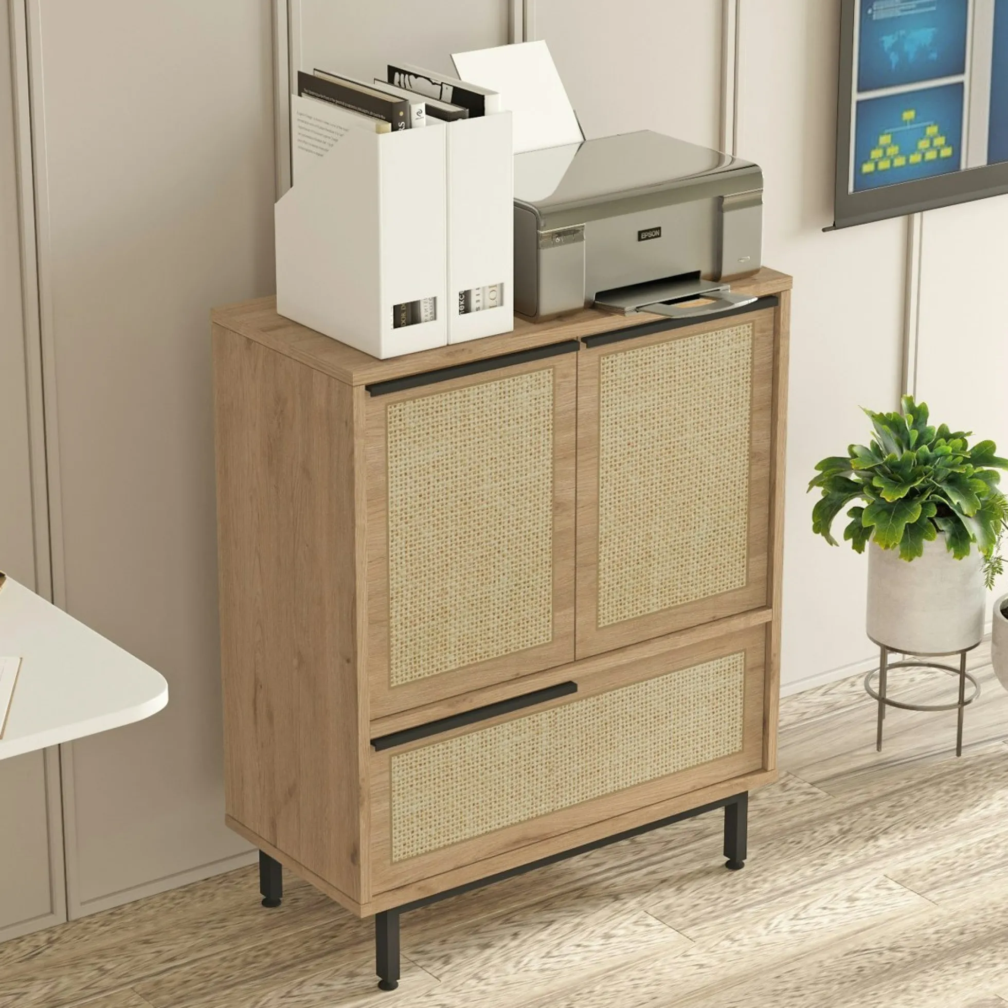 Meuble de rangement bureau 3 portes décor cannage JENA