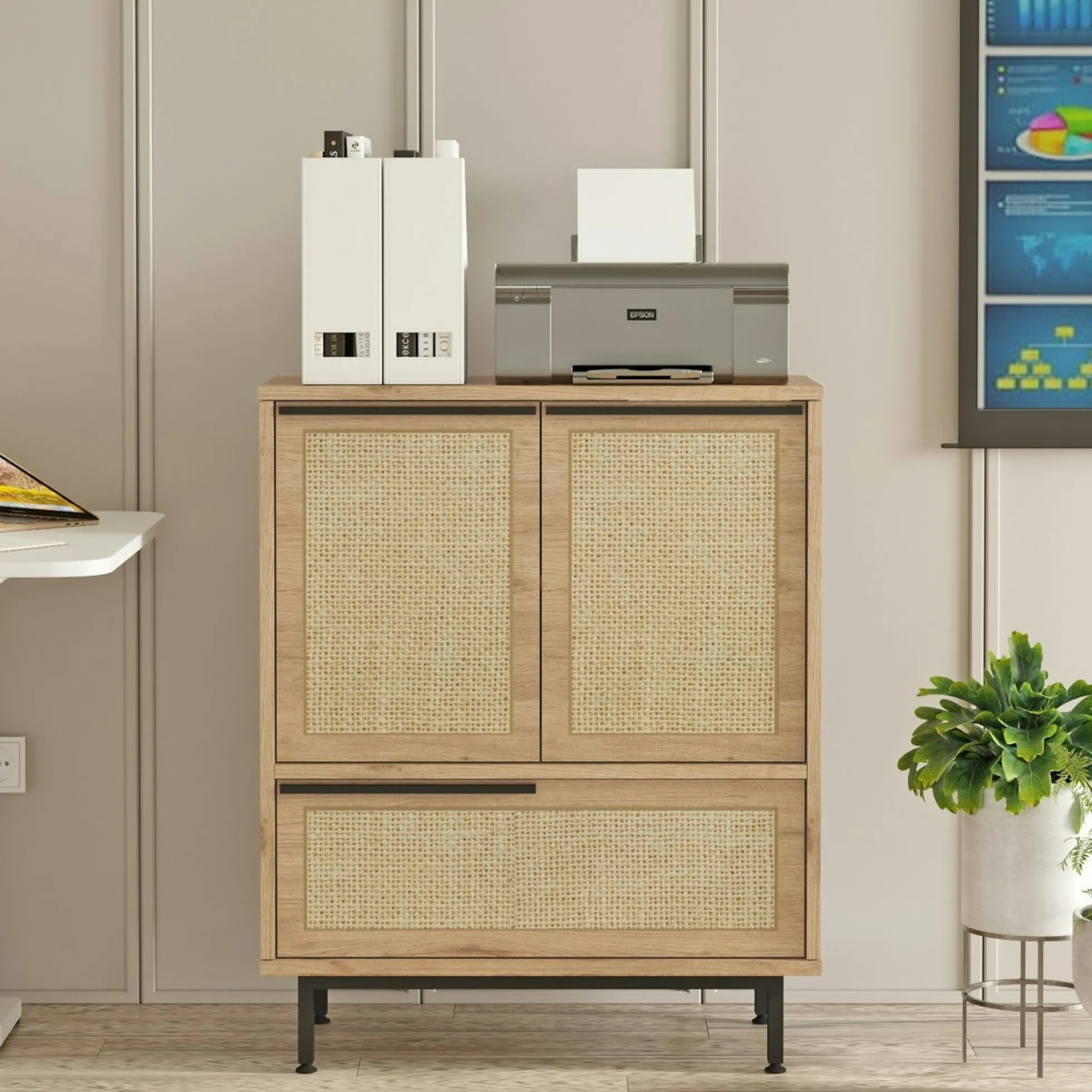 Meuble de rangement bureau 3 portes décor cannage JENA