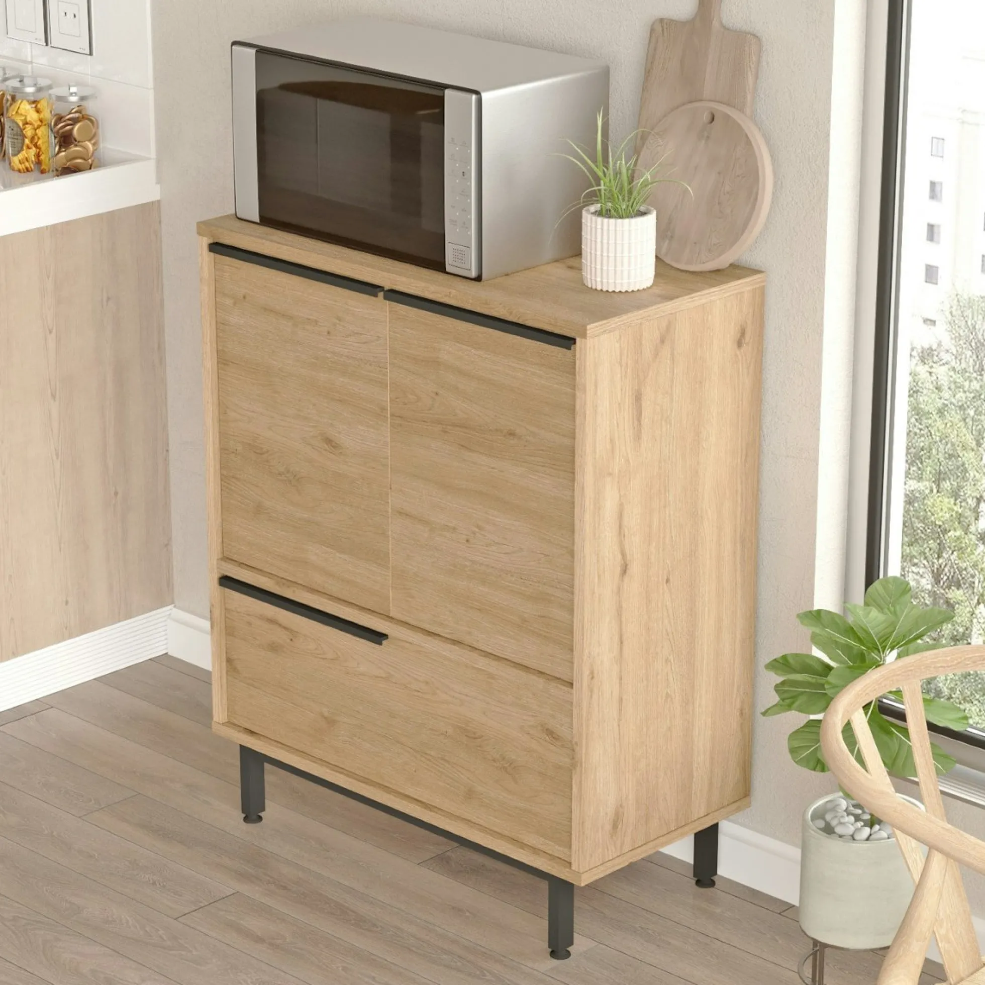 Meuble de rangement cuisine 3 portes décor bois JENA