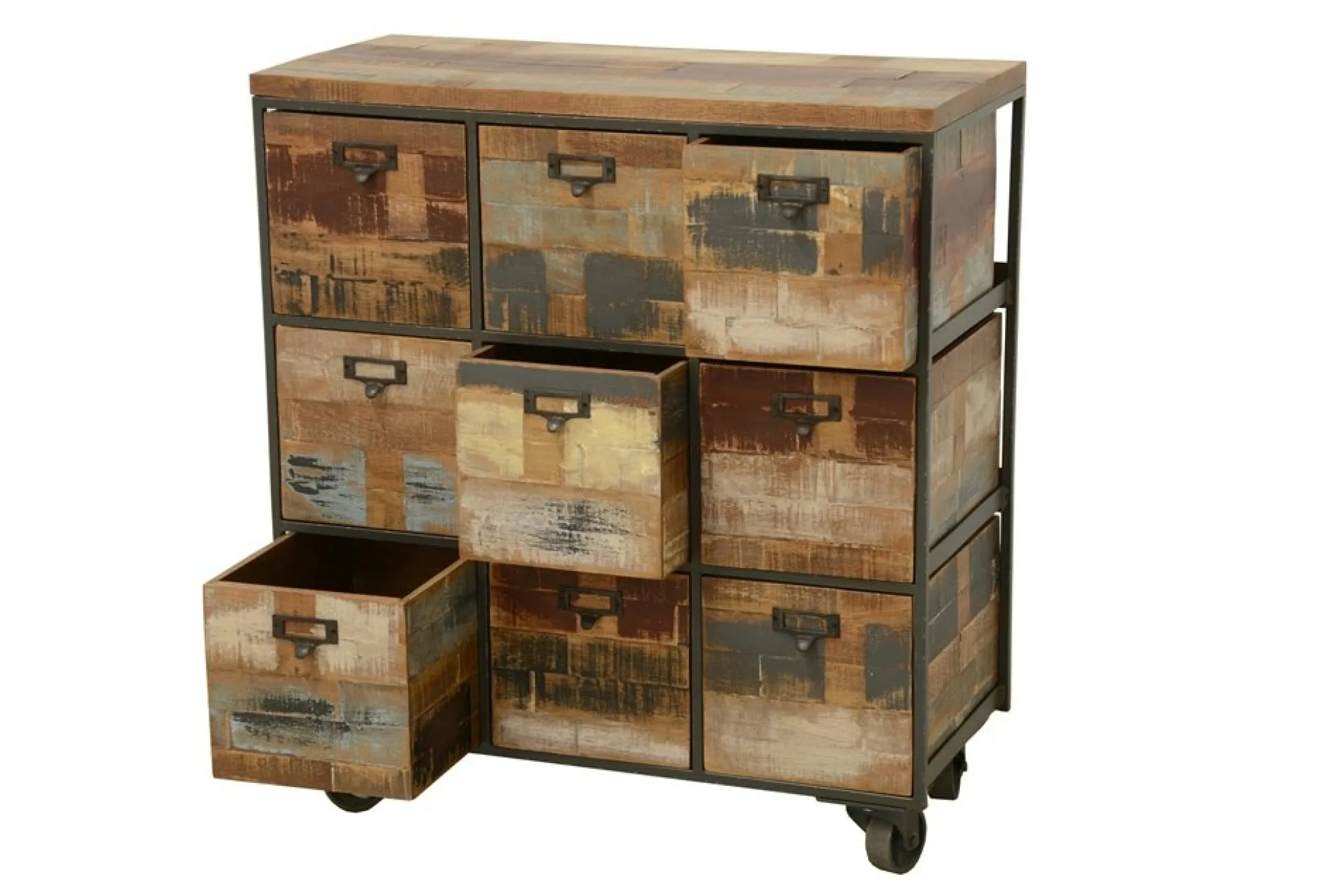 Meuble de Rangement à roulettes 9 tiroirs en Hévéa recyclé coloré et métal 76x35x83cm LOFT COLORS
