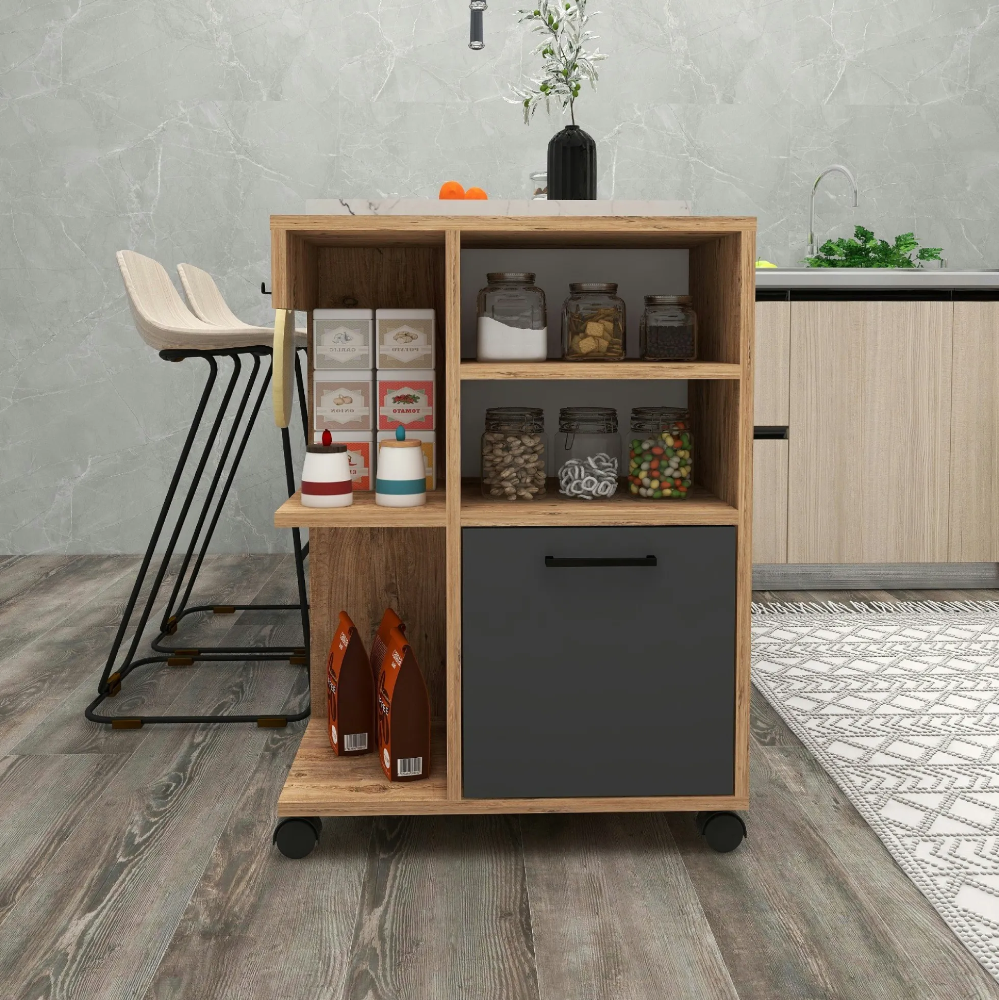 Meuble de rangement sur roulettes effet bois de pin MARFA