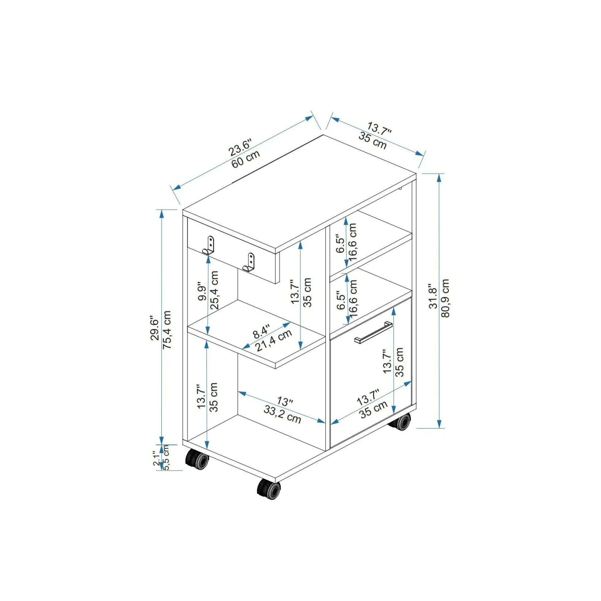Meuble de rangement sur roulettes effet bois de pin MARFA
