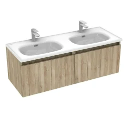 Meuble double vasque suspendu décor bois clair 2 tiroirs SELIA