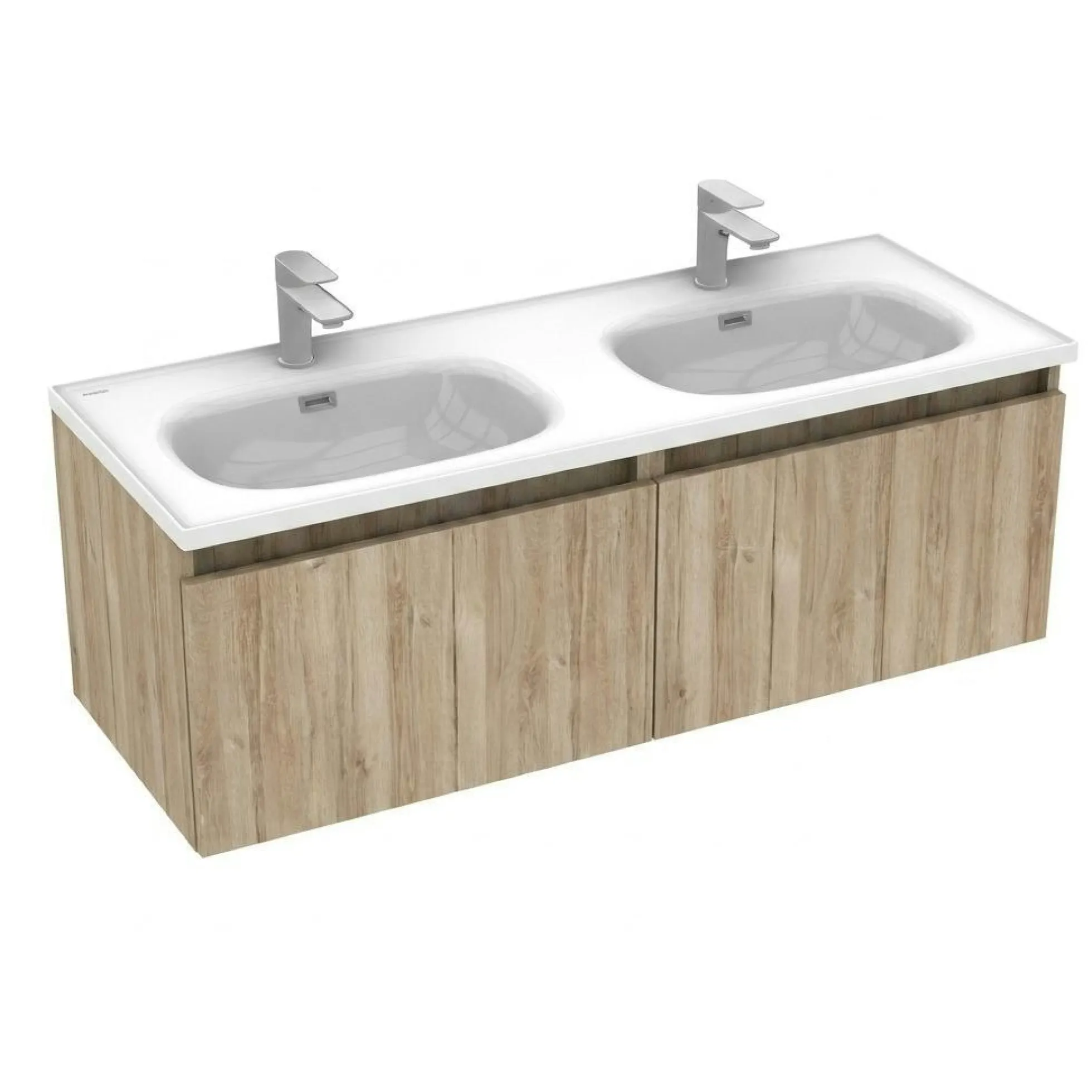 Meuble double vasque suspendu décor bois clair 2 tiroirs SELIA