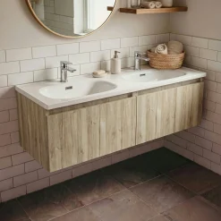 Meuble double vasque suspendu décor bois clair 2 tiroirs SELIA