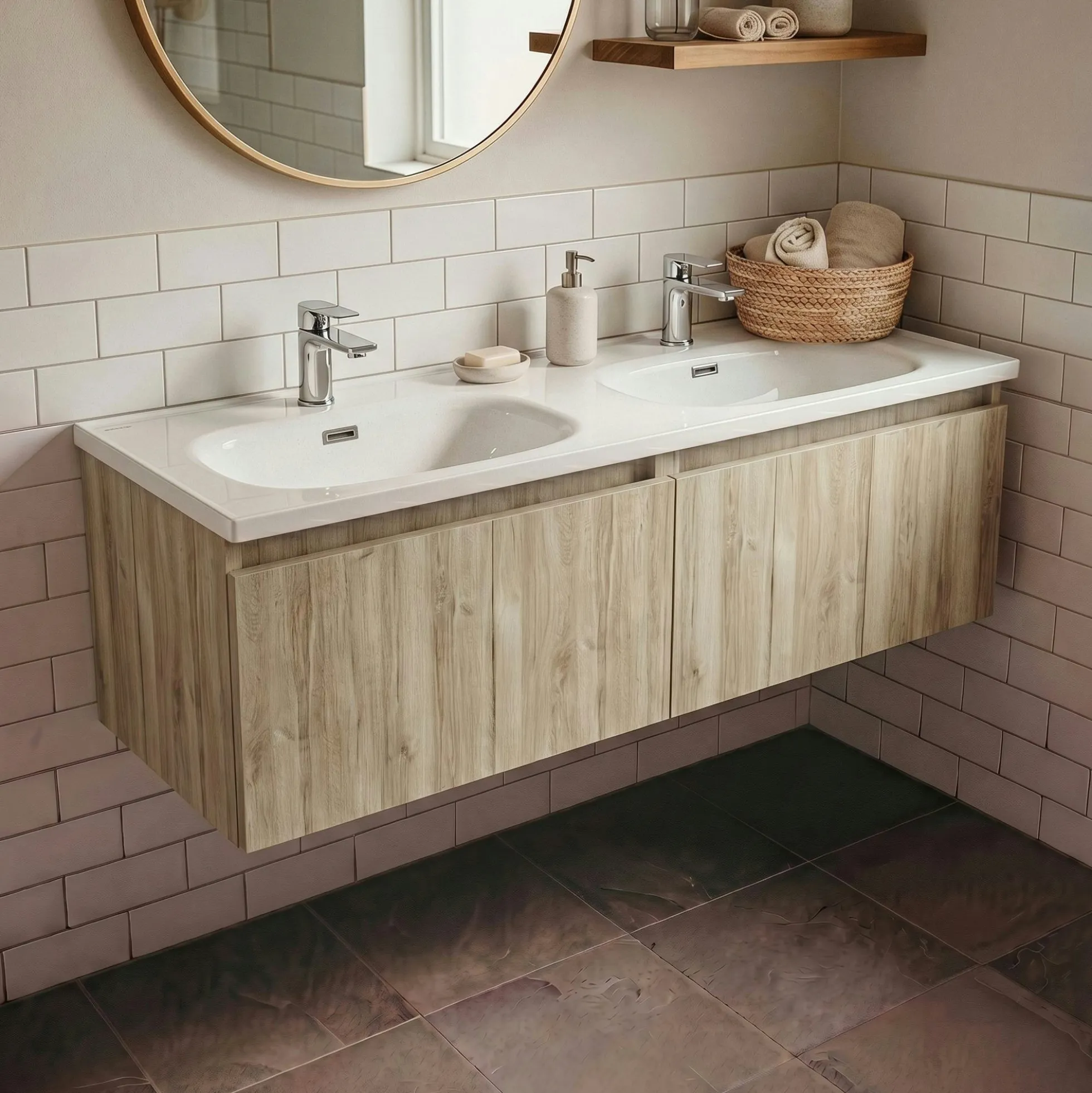 Meuble double vasque suspendu décor bois clair 2 tiroirs SELIA