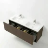 Meuble double vasque suspendu décor bois foncé 2 tiroirs SELIA